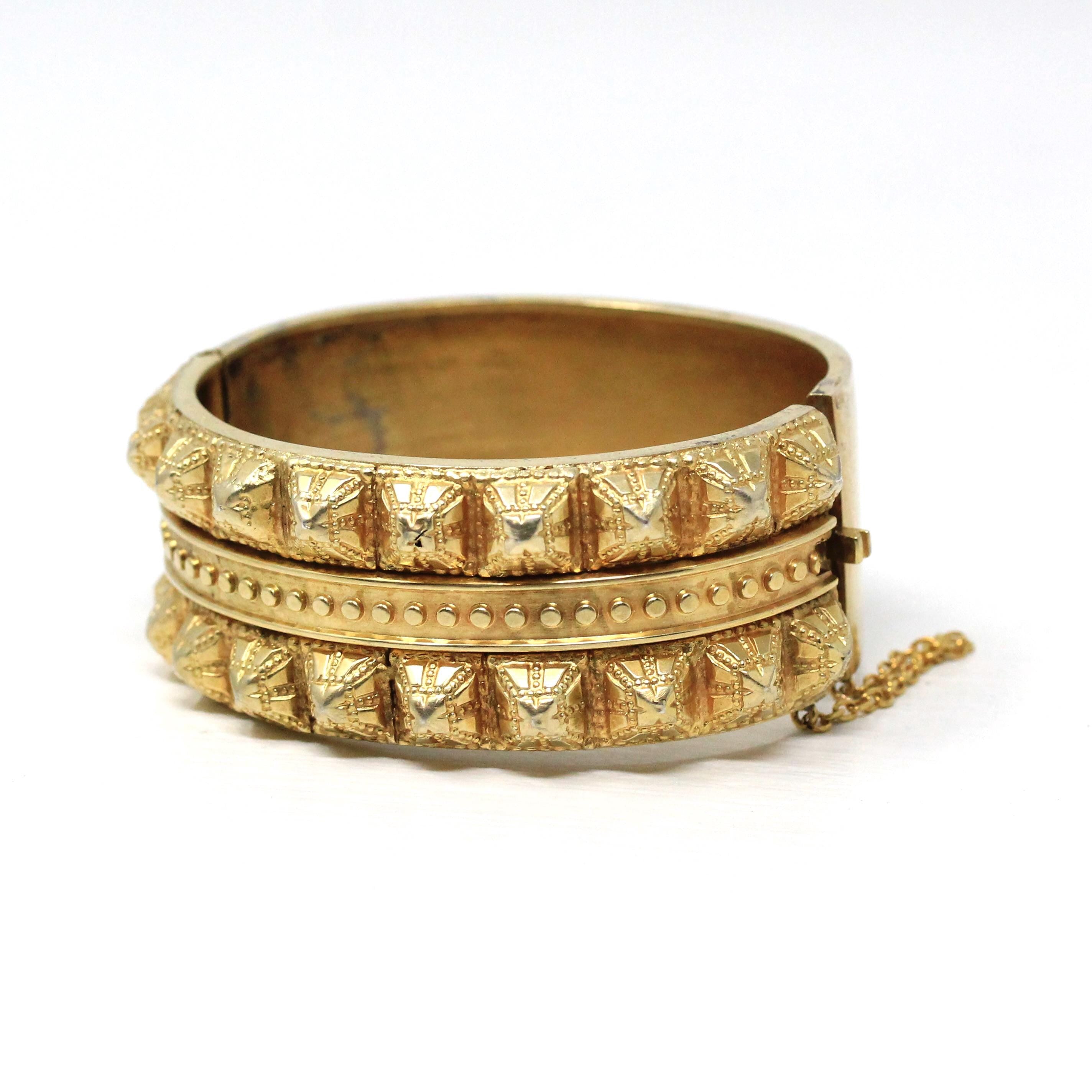 Antique Victorian Bangle - Vintage Silver Gilt Gold Studded Design Bracelet - Circa 1880s Era Gold Plated Wide Statement Late 1800s Jewelry