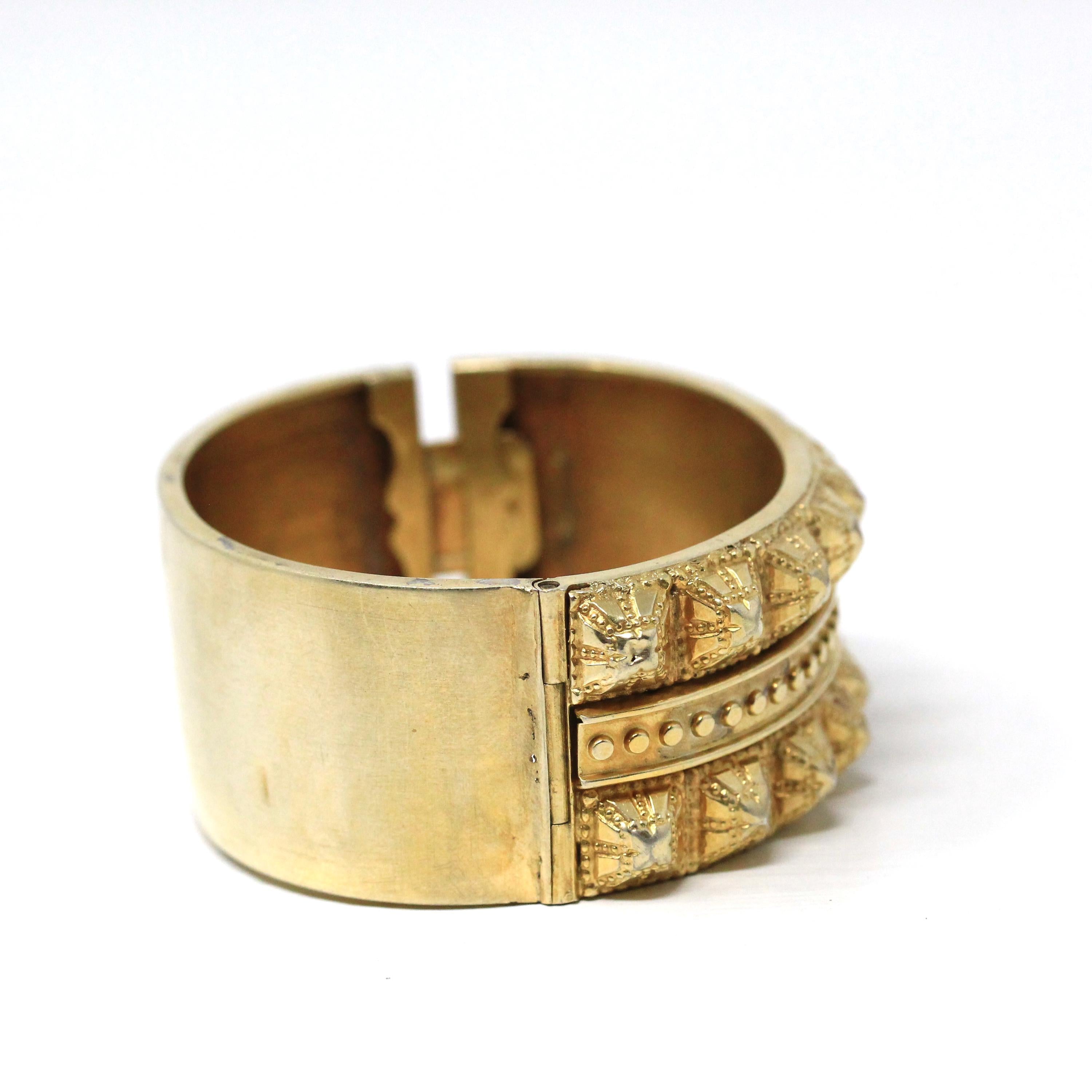 Antique Victorian Bangle - Vintage Silver Gilt Gold Studded Design Bracelet - Circa 1880s Era Gold Plated Wide Statement Late 1800s Jewelry