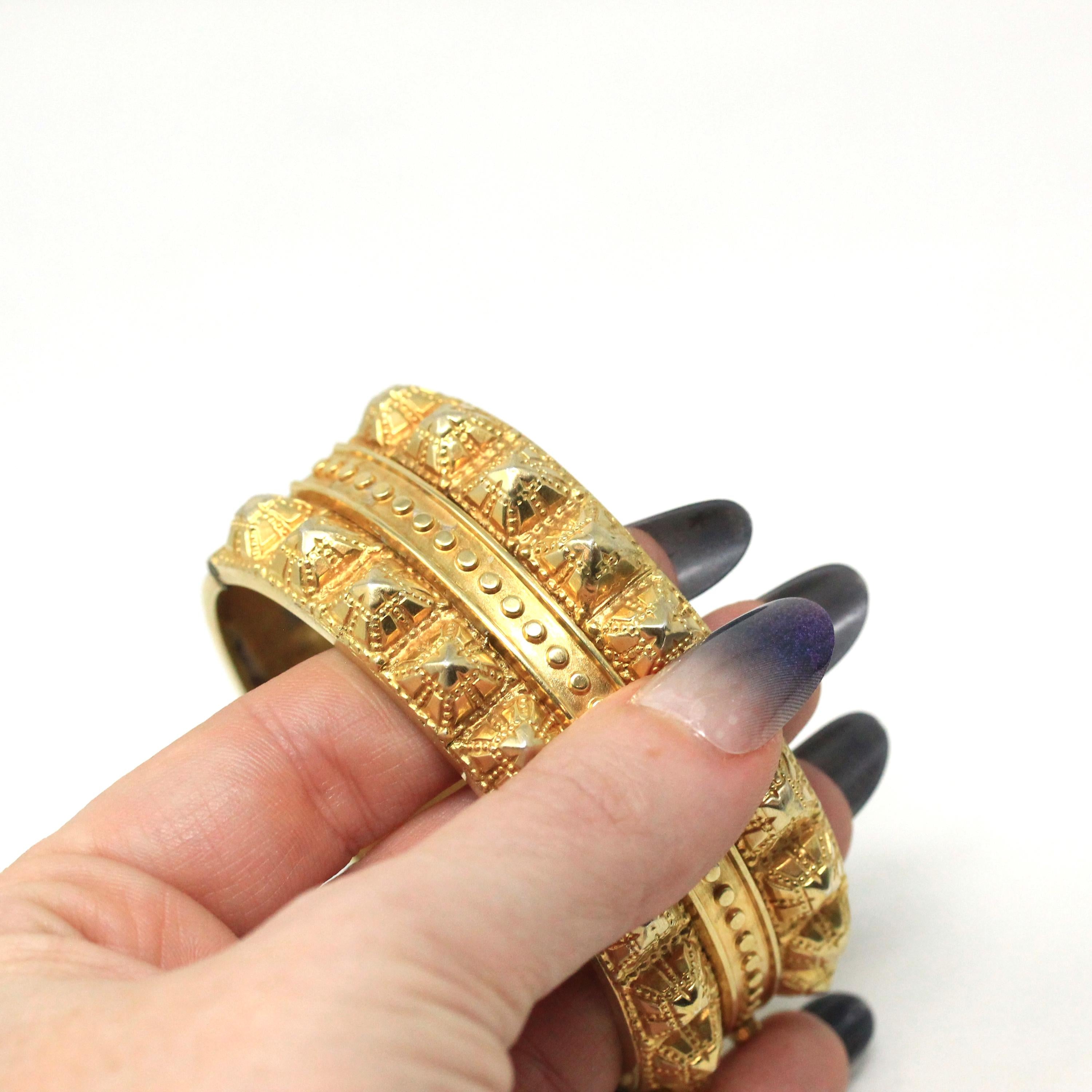 Antique Victorian Bangle - Vintage Silver Gilt Gold Studded Design Bracelet - Circa 1880s Era Gold Plated Wide Statement Late 1800s Jewelry