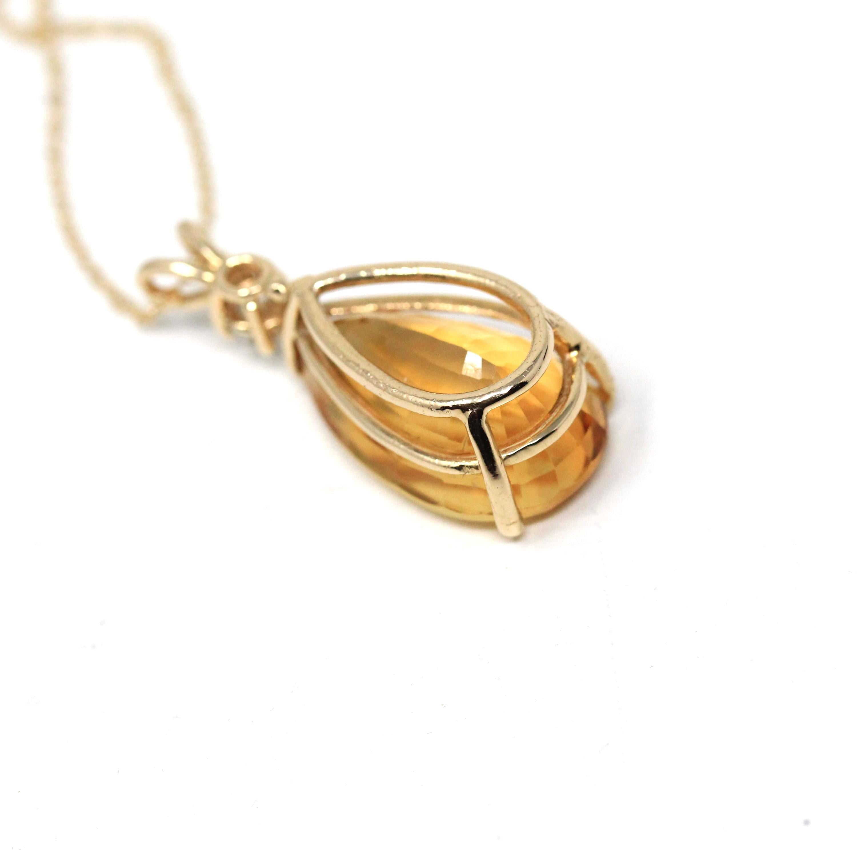 Diamond Citrine Pendant - Modern 14k Yellow Gold Faceted Pear Cut 11.29 CT Natural Gemstone - Estate Circa 2000's Era Statement Fine Jewelry
