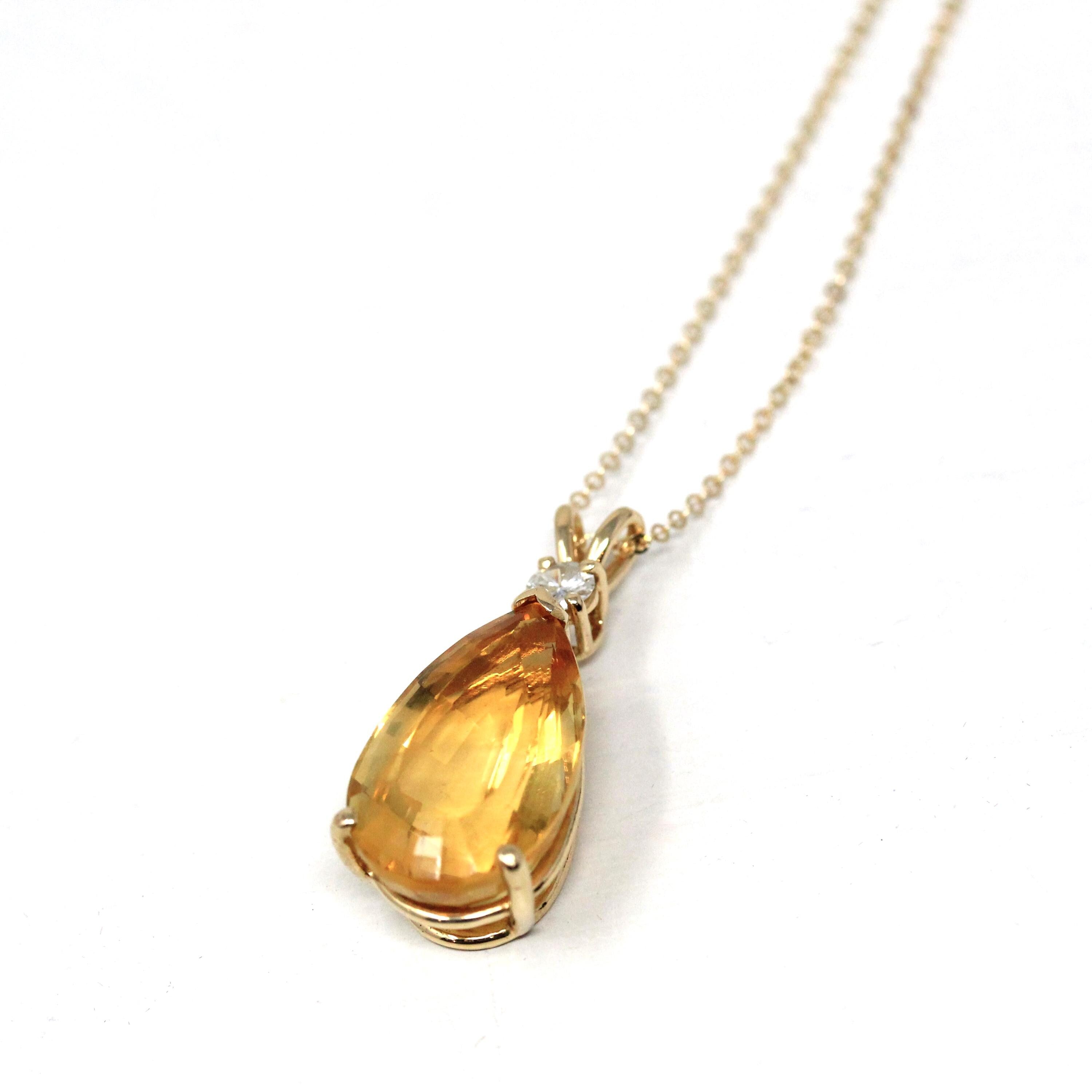 Diamond Citrine Pendant - Modern 14k Yellow Gold Faceted Pear Cut 11.29 CT Natural Gemstone - Estate Circa 2000's Era Statement Fine Jewelry