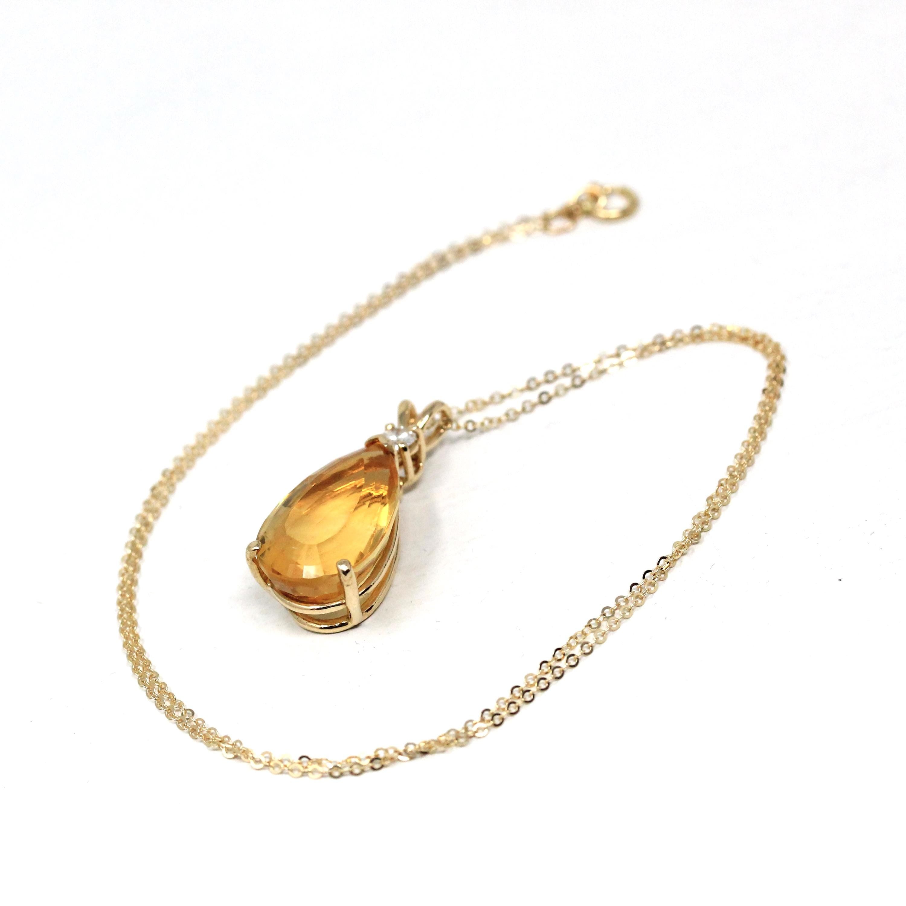 Diamond Citrine Pendant - Modern 14k Yellow Gold Faceted Pear Cut 11.29 CT Natural Gemstone - Estate Circa 2000's Era Statement Fine Jewelry