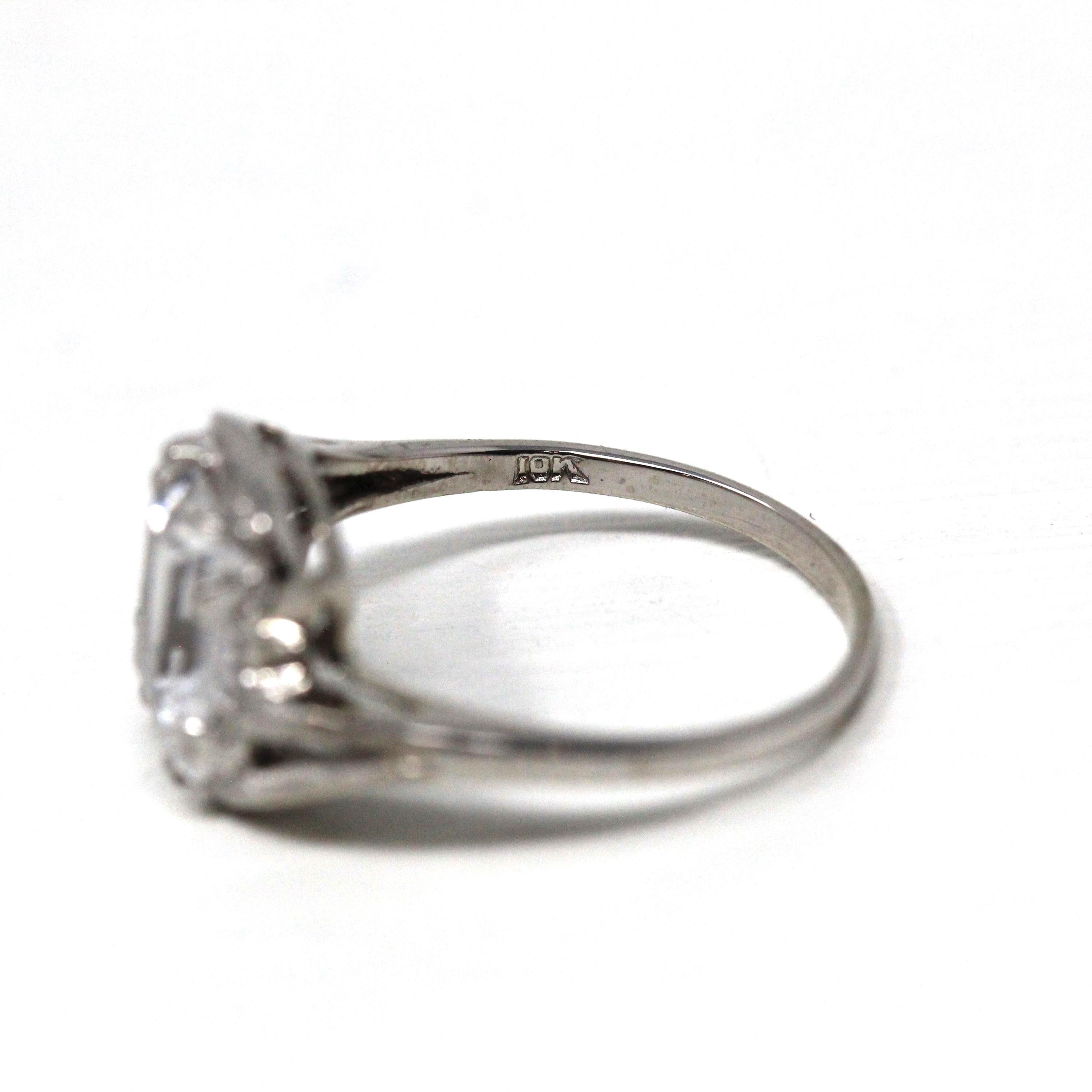 Retro Created Spinel Ring - Vintage 10k White Gold Rectangular Step Cut White Bypass Gem - Circa 1960s Size 6 Engagement Style Fine Jewelry