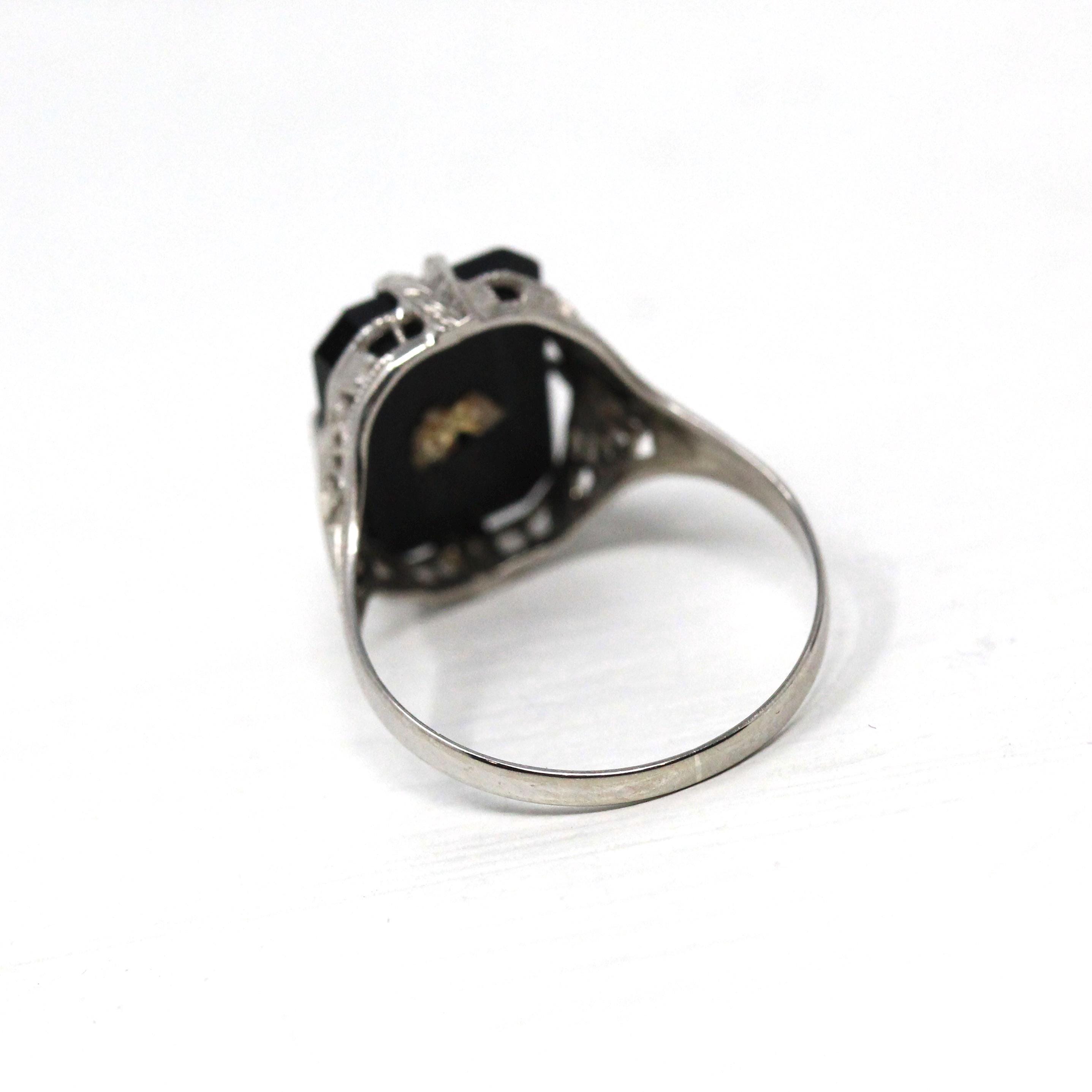 Onyx Filigree Ring - Art Deco Era 14k White Gold Natural .02 CT Diamond Accent - Vintage Circa 1930s Size 7 1/2 Black Chalcedony Jewelry