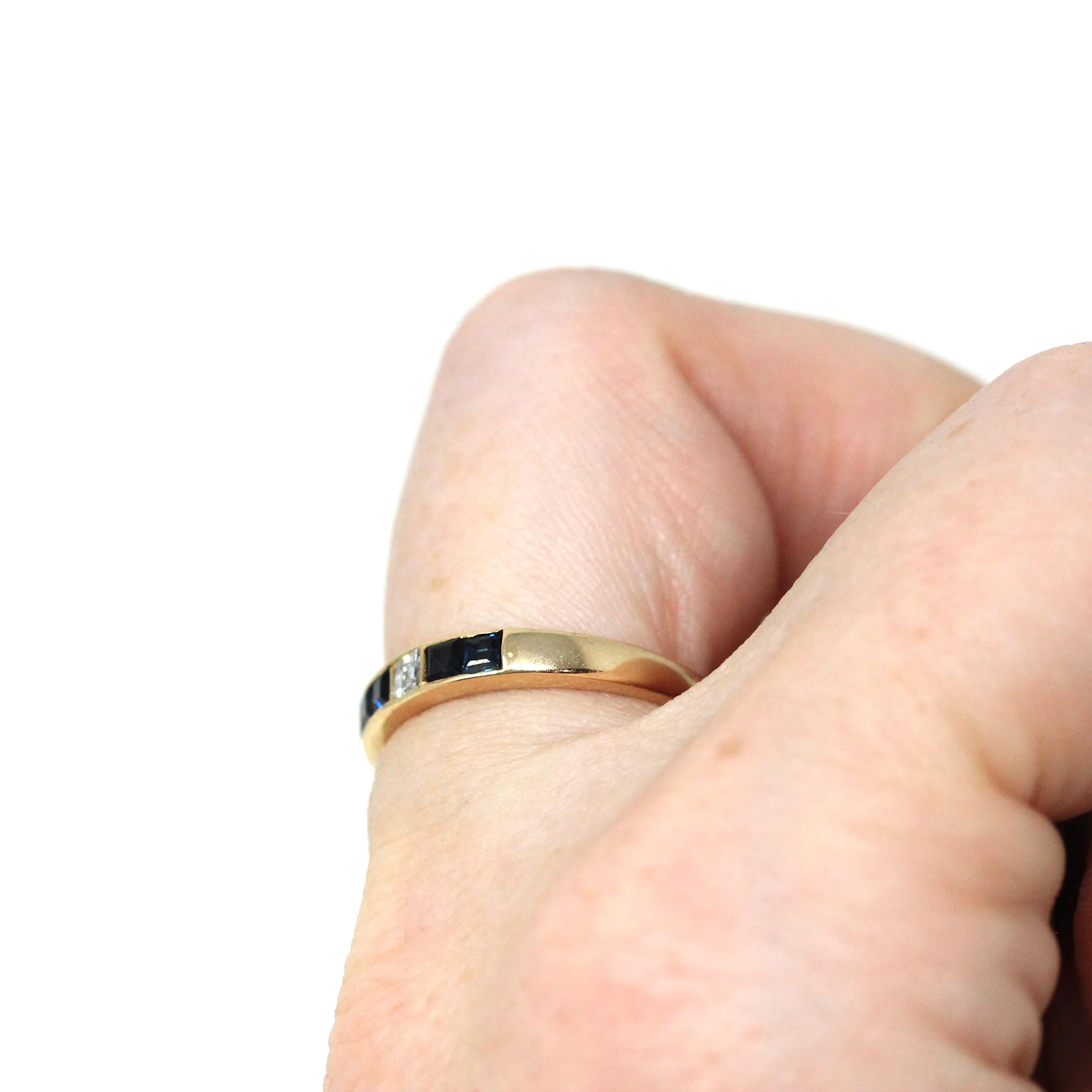 Sapphire & Diamond Ring - Estate 14k Yellow Gold Blue And White Gemstone Channel Band - Estate 1990s Size 5 3/4 Fine Calibre Wedding Jewelry