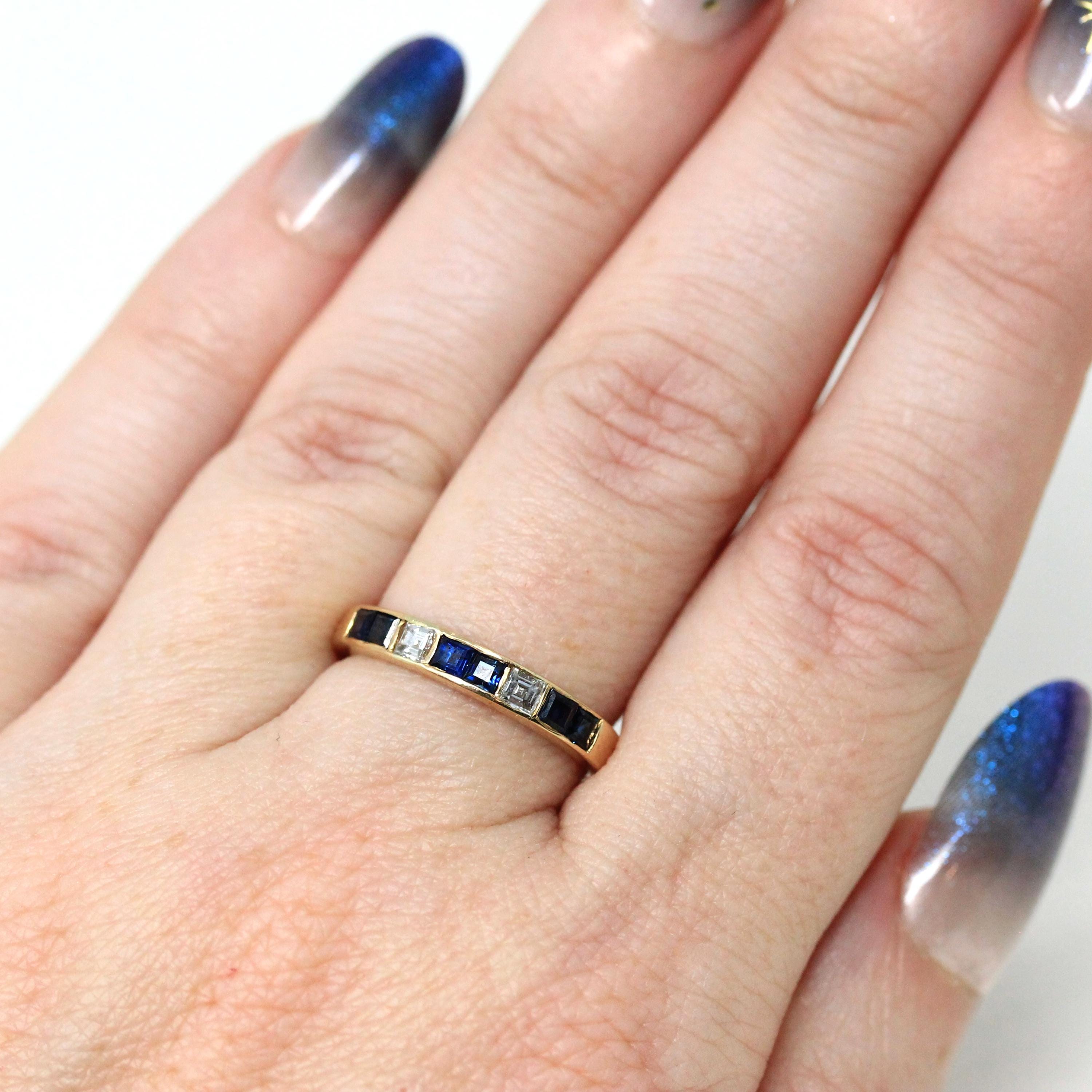 Sapphire & Diamond Ring - Estate 14k Yellow Gold Blue And White Gemstone Channel Band - Estate 1990s Size 5 3/4 Fine Calibre Wedding Jewelry