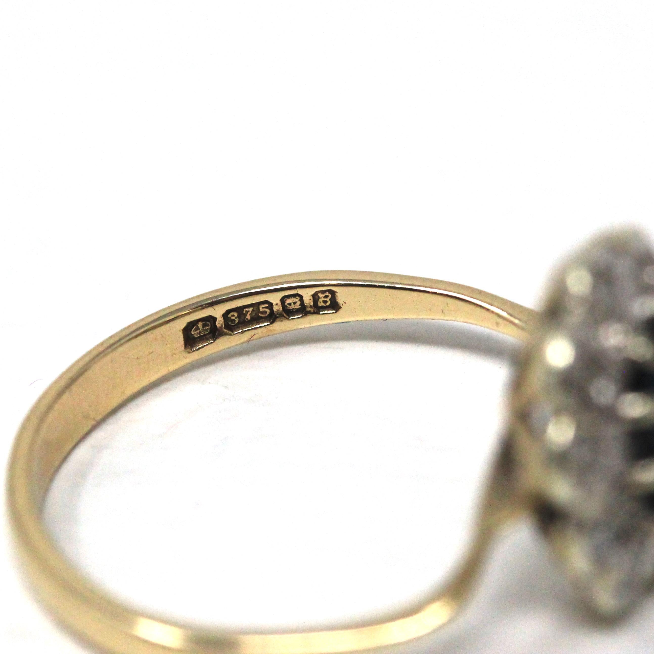 Retro Halo Ring - 9k Yellow & White Gold Oval Natural Sapphire And Diamond Gems - Hallmarked 1976 Size 5 3/4 Engagement Fine Bridal Jewelry