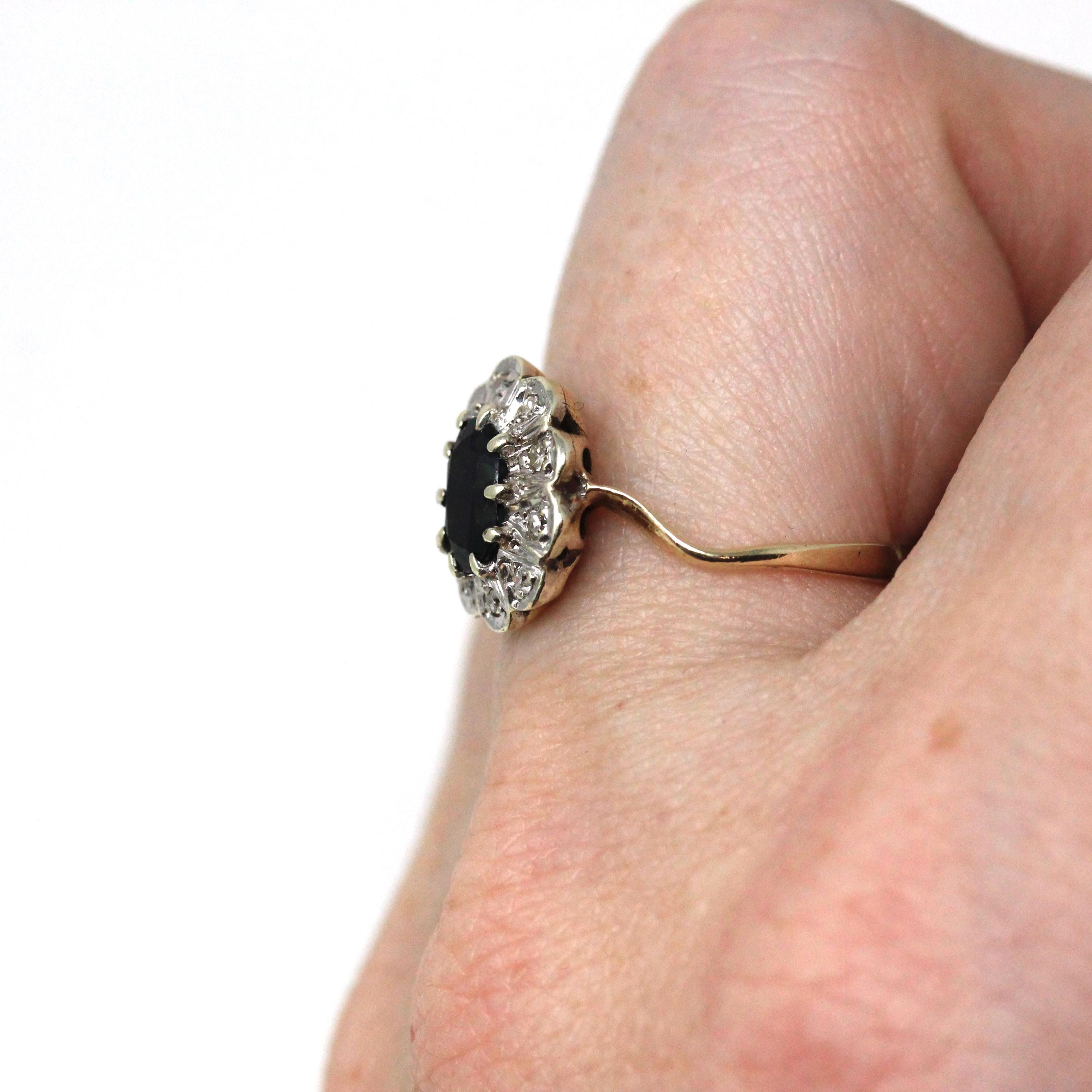 Retro Halo Ring - 9k Yellow & White Gold Oval Natural Sapphire And Diamond Gems - Hallmarked 1976 Size 5 3/4 Engagement Fine Bridal Jewelry