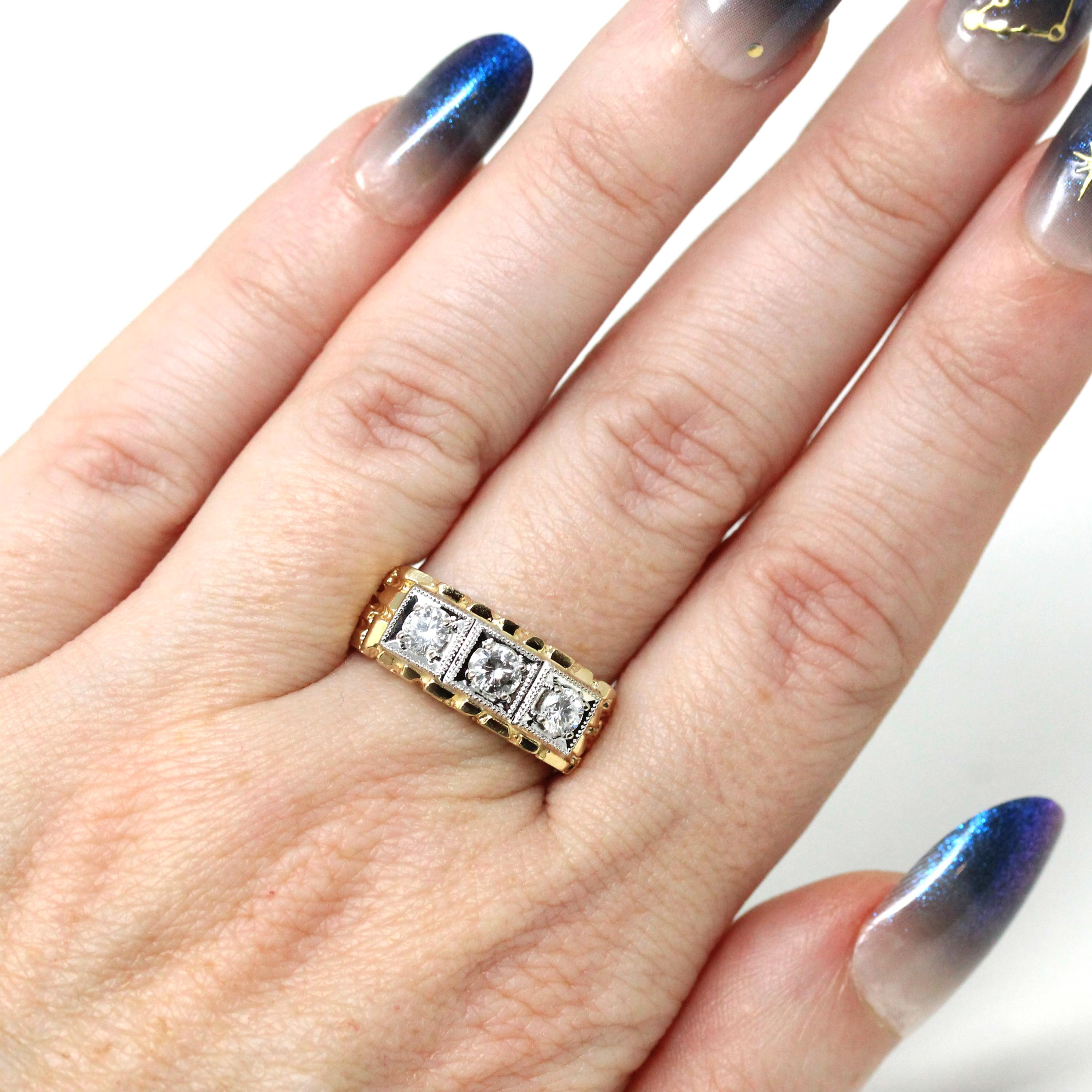 Vintage Nugget Ring - Estate 14k Yellow & White Gold .50 CTW Natural Diamond Band - Modern Size 7.5 Unisex Two Tone Textured Bridal Jewelry