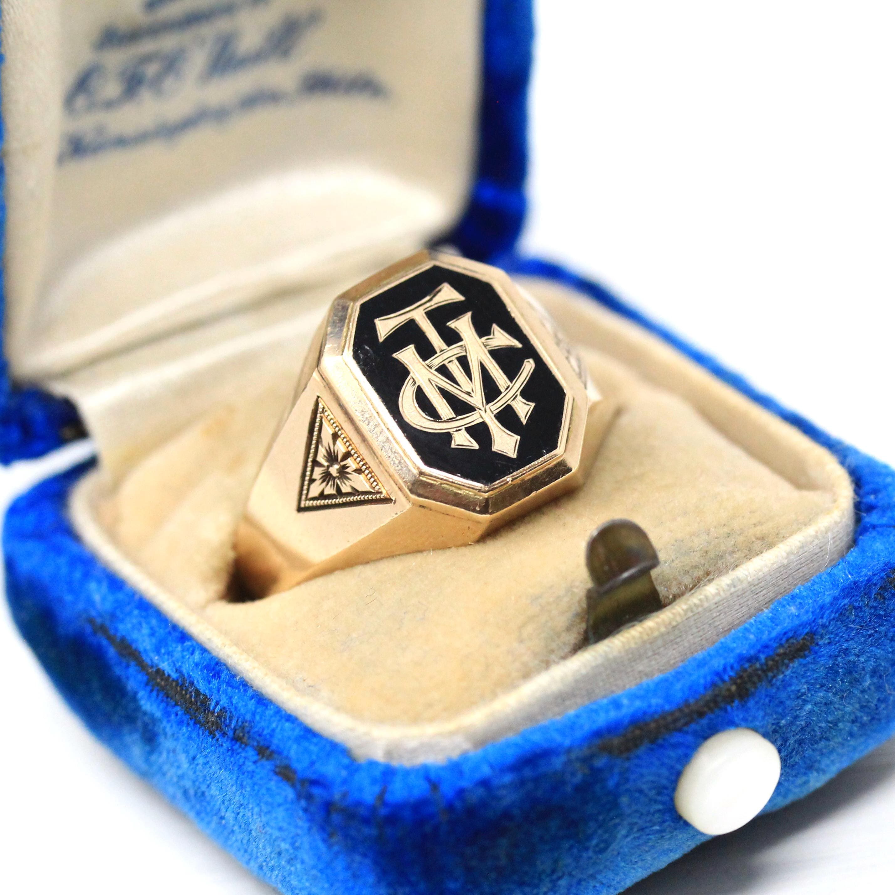 Art Deco Signet Ring - Antique 10k Yellow Gold Black Enamel Letters Statement - Vintage Dated 1926 Era Size 10 1/4 Men's Unisex Fine Jewelry