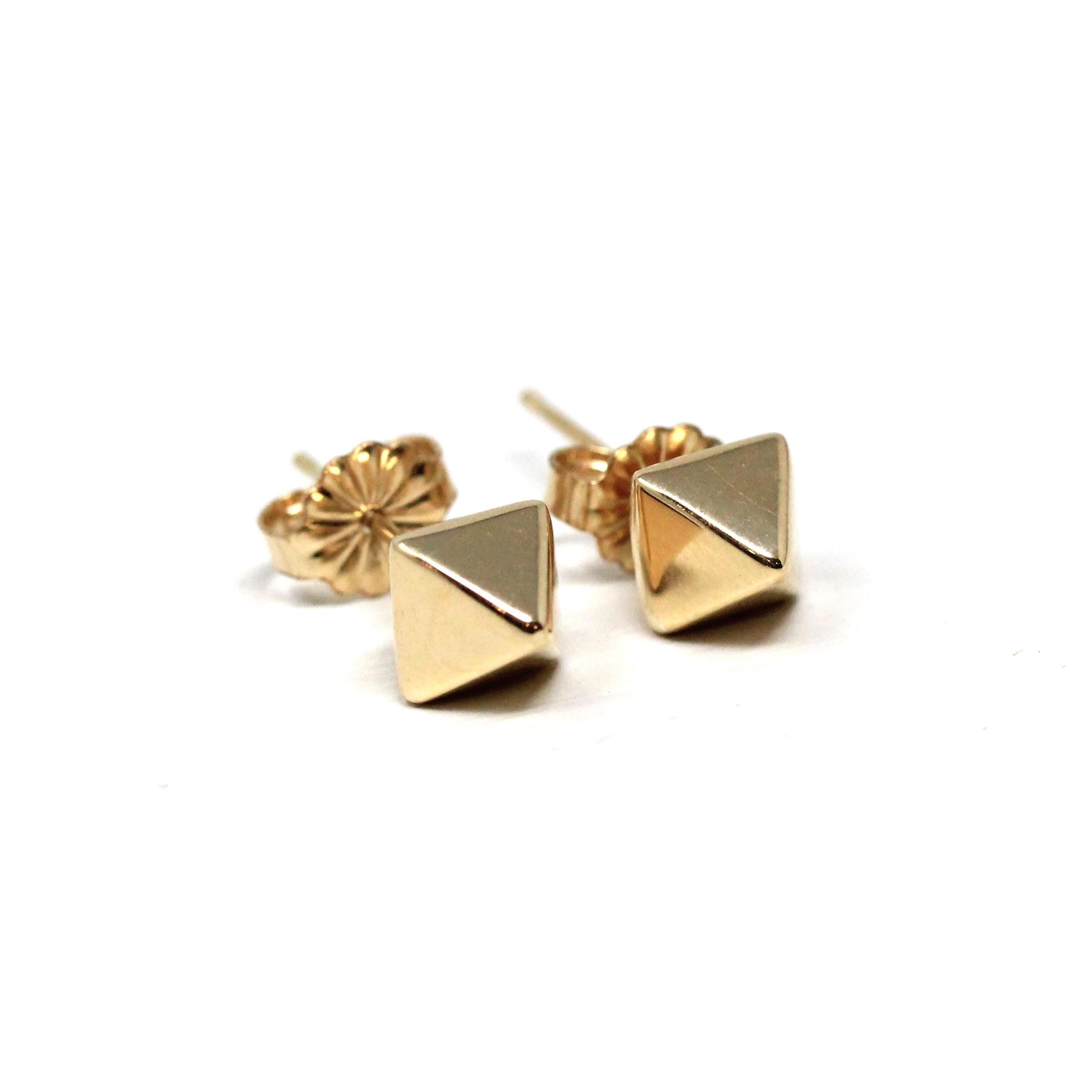 Estate Stud Earrings - Modern 10k Yellow Gold Square Pyramid Push Backs Pair - Circa 2000s Era Faceted Spike Fine Y2K Jewelry