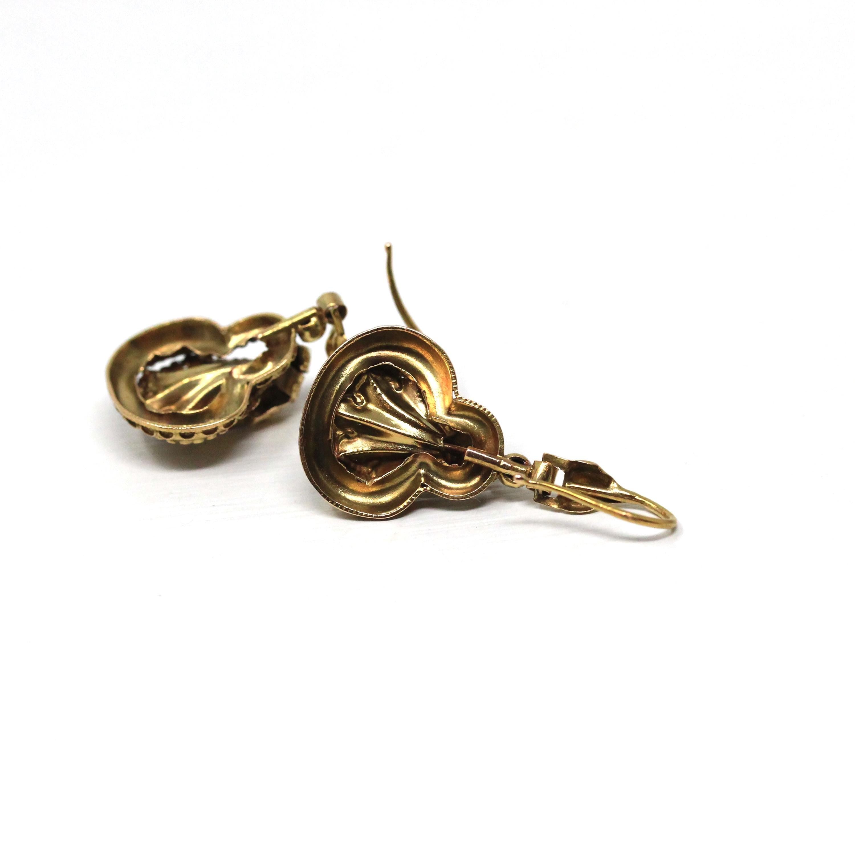 Victorian Cannetille Earrings - Antique 14k Rosy Yellow Gold Dangle Tourmaline Gemstones - Vintage Mid 1800s Era Fine Bridal Wedding Jewelry