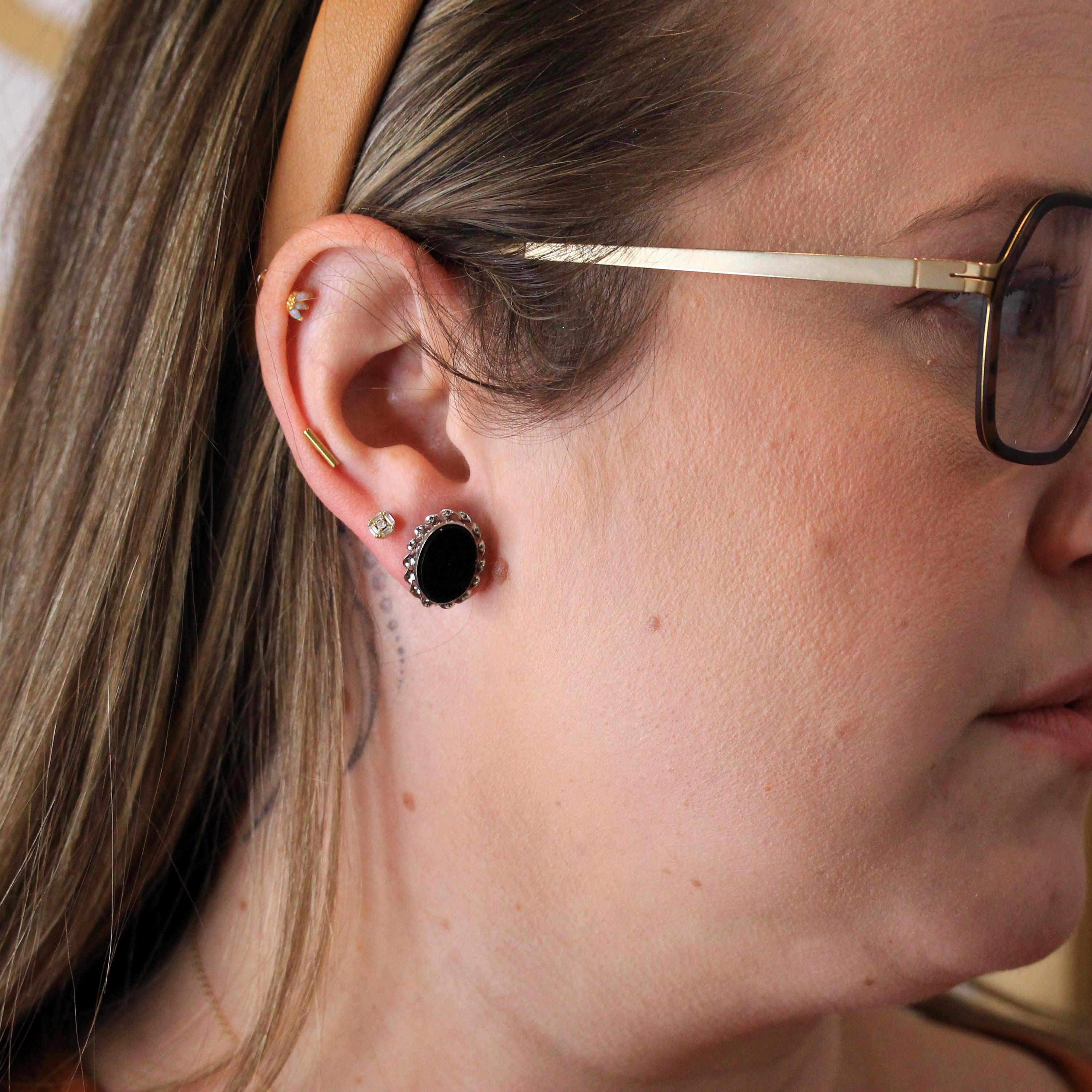 Simulated Onyx Earrings - Retro 10k White Gold & Base Metal Oval Black Glass Stones - 1960s Era Statement Fashion Accessory Fine Jewelry