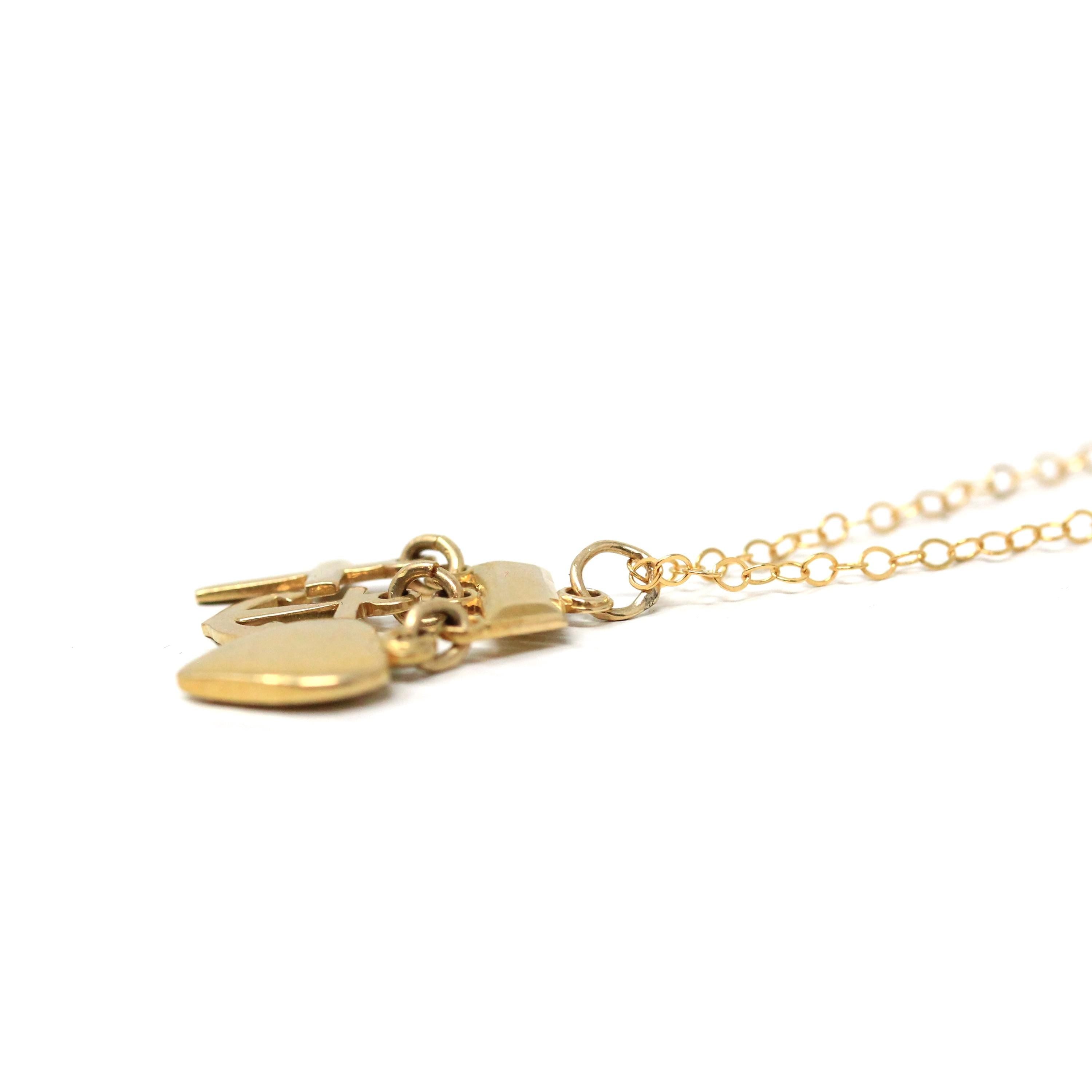 Vintage Charm Necklace - Retro 14k Yellow Gold Cross Anchor Heart Pendants - Circa 1970s Era Faith Hope Charity Religious 70s Fine Jewelry