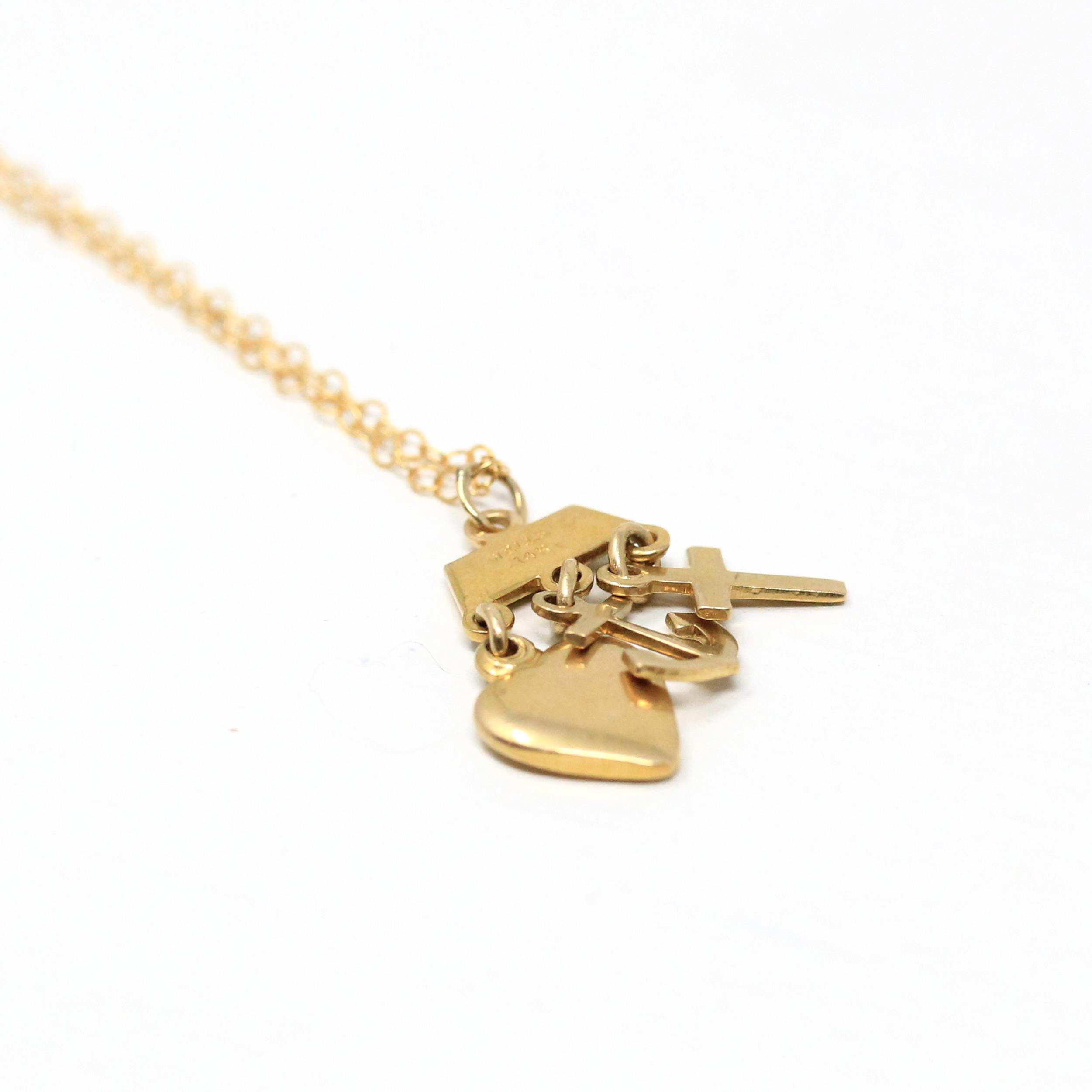 Vintage Charm Necklace - Retro 14k Yellow Gold Cross Anchor Heart Pendants - Circa 1970s Era Faith Hope Charity Religious 70s Fine Jewelry