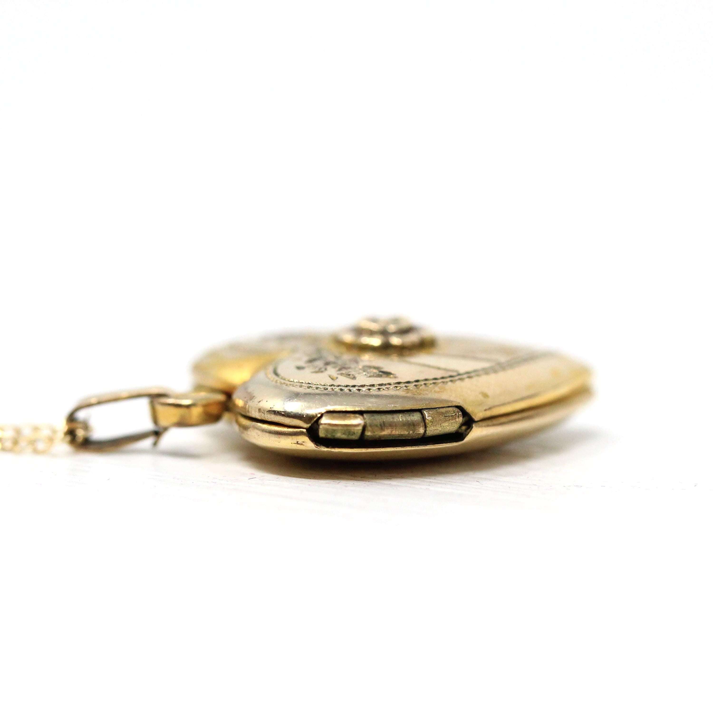 Floral Heart Locket - Retro 12k Gold Filled Heart Shaped Raised Flower Pendant Necklace - Vintage Circa 1940s Era Keepsake Photo 40s Jewelry