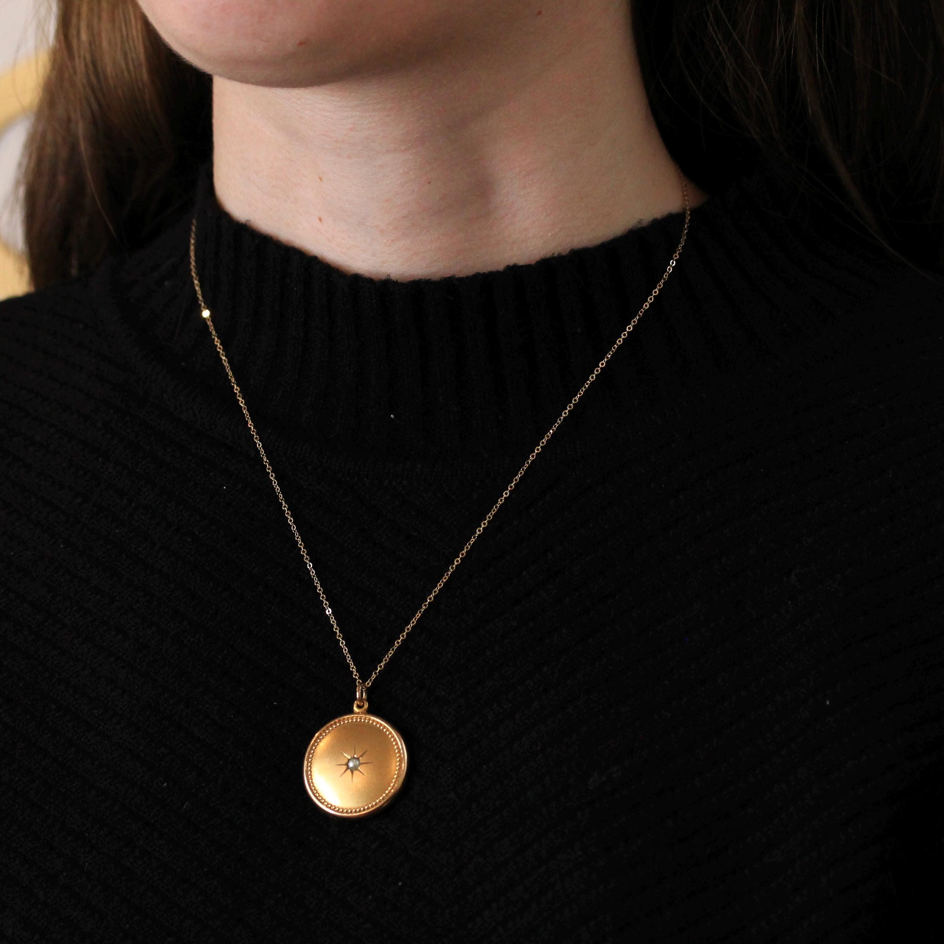 Antique Pendant Necklace - Edwardian Gold Filled Round Simulated Pearl Necklace Charm - Vintage Circa 1900s Era Statement Star Puffy Jewelry