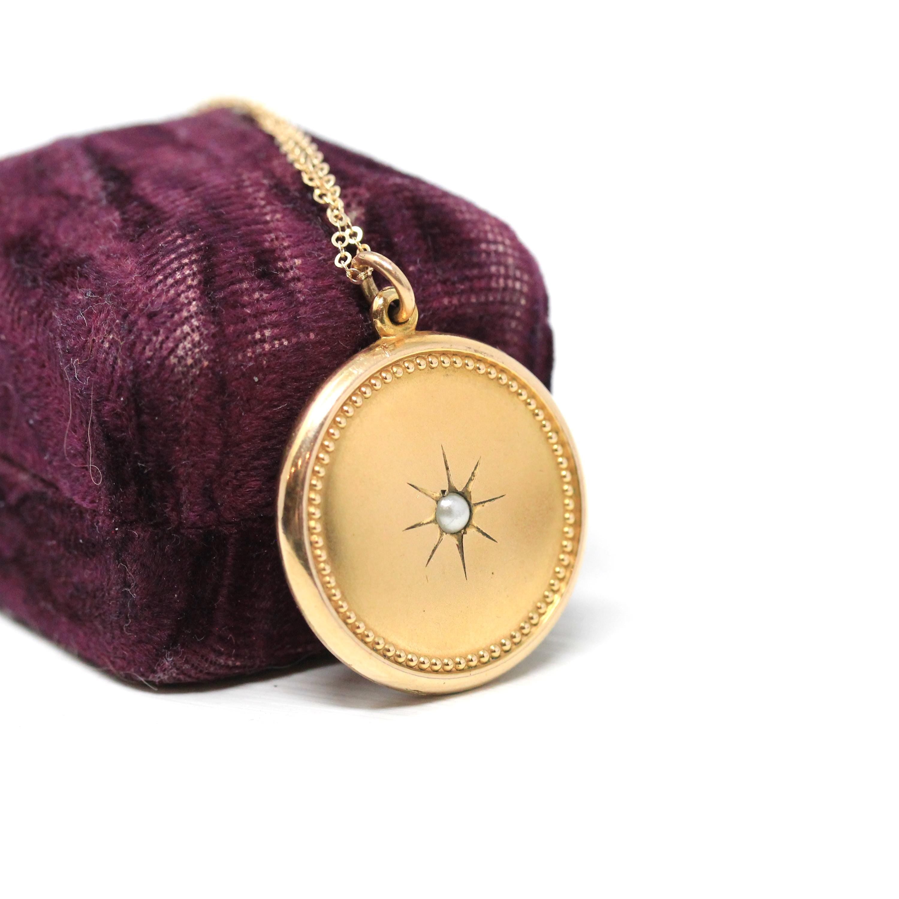 Antique Pendant Necklace - Edwardian Gold Filled Round Simulated Pearl Necklace Charm - Vintage Circa 1900s Era Statement Star Puffy Jewelry