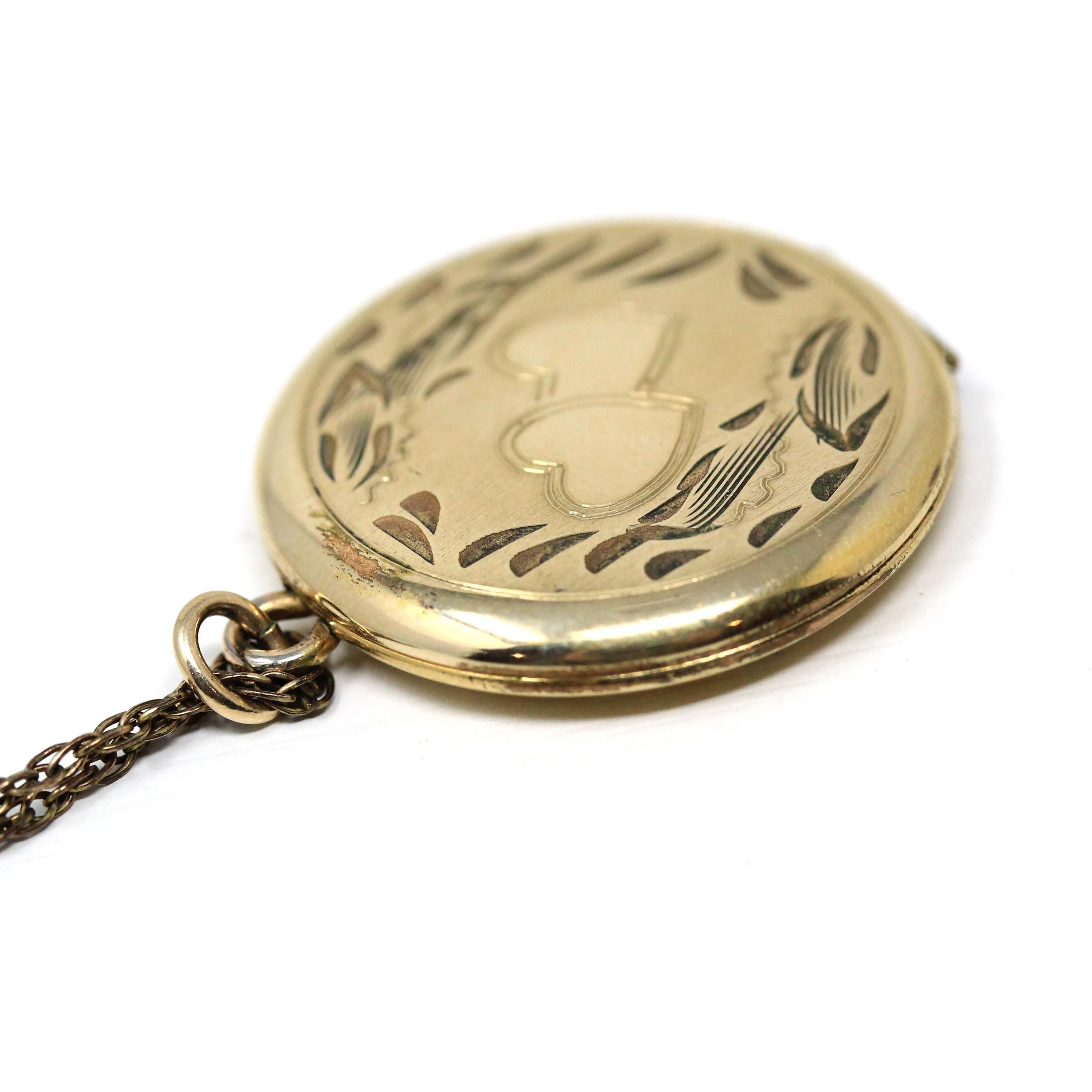 Vintage Photo Locket - Retro 12k Gold Filled Double Heart Floral Pendant Necklace Charm - Circa 1960s Statement Keepsake Photograph Jewelry