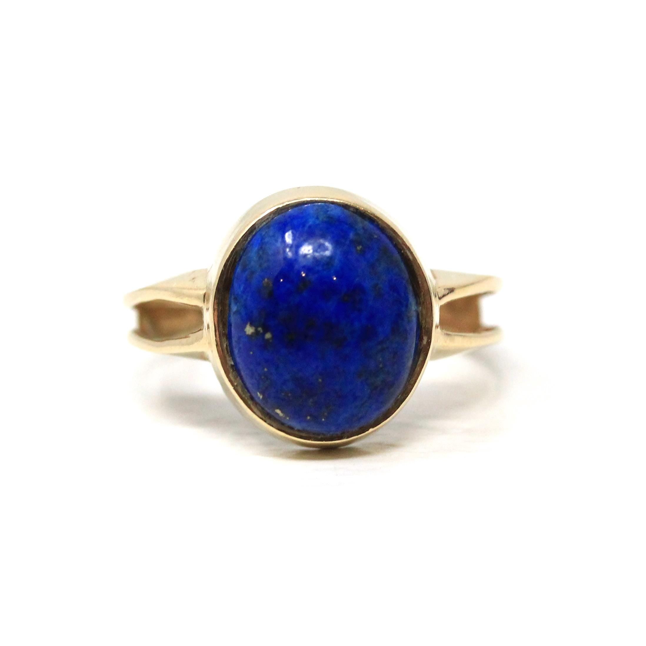Retro Lapis Lazuli Ring - Vintage 10k Yellow Gold Dark Blue Round Cabochon Gemstone - Circa 1960s Era Size 6 3/4 Fine Statement Jewelry