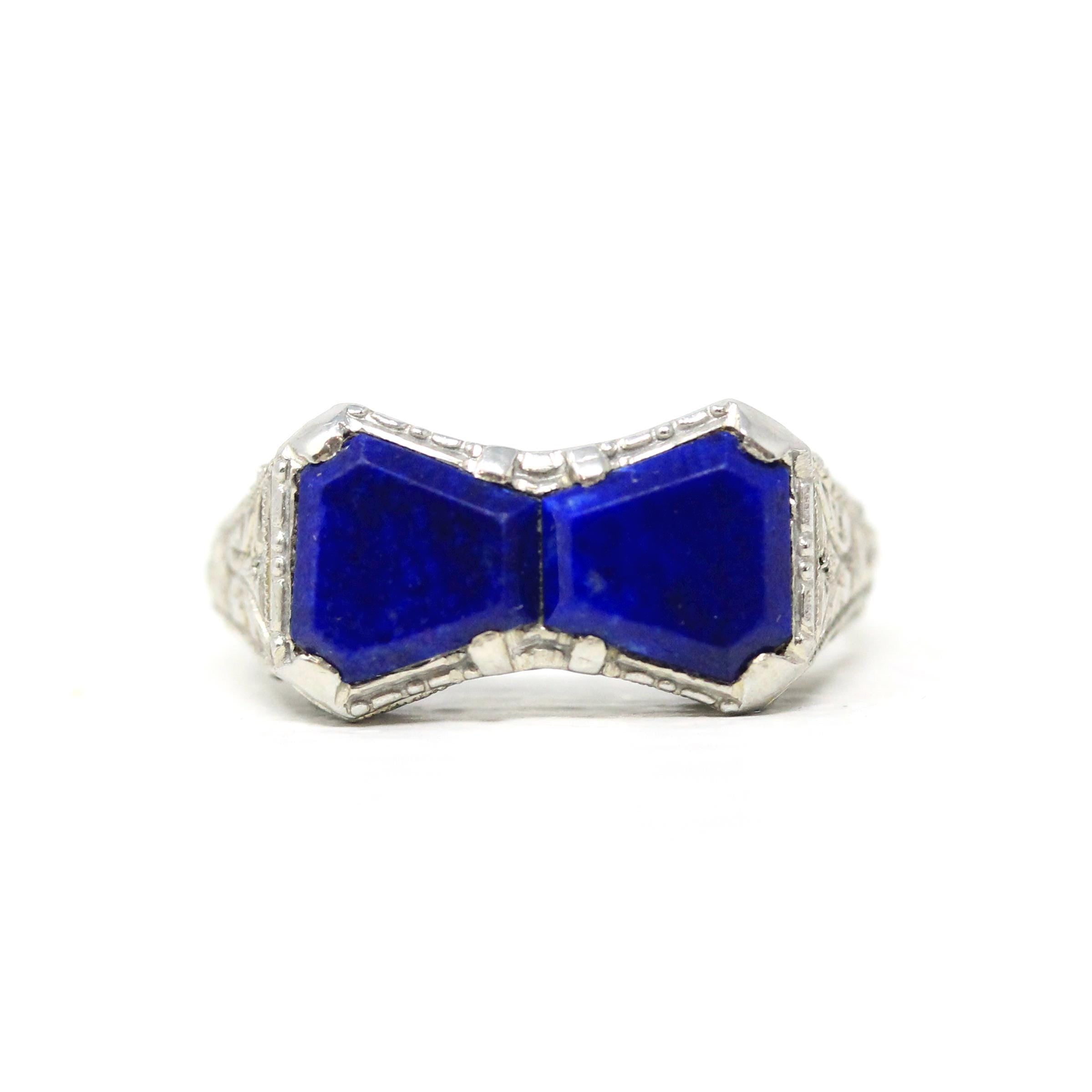Lapis Lazuli Bowtie Ring - Art Deco 18k White Gold Filigree Dark Blue Gemstones - Vintage Circa 1930s Era Size 4 Hourglass Fine 30s Jewelry