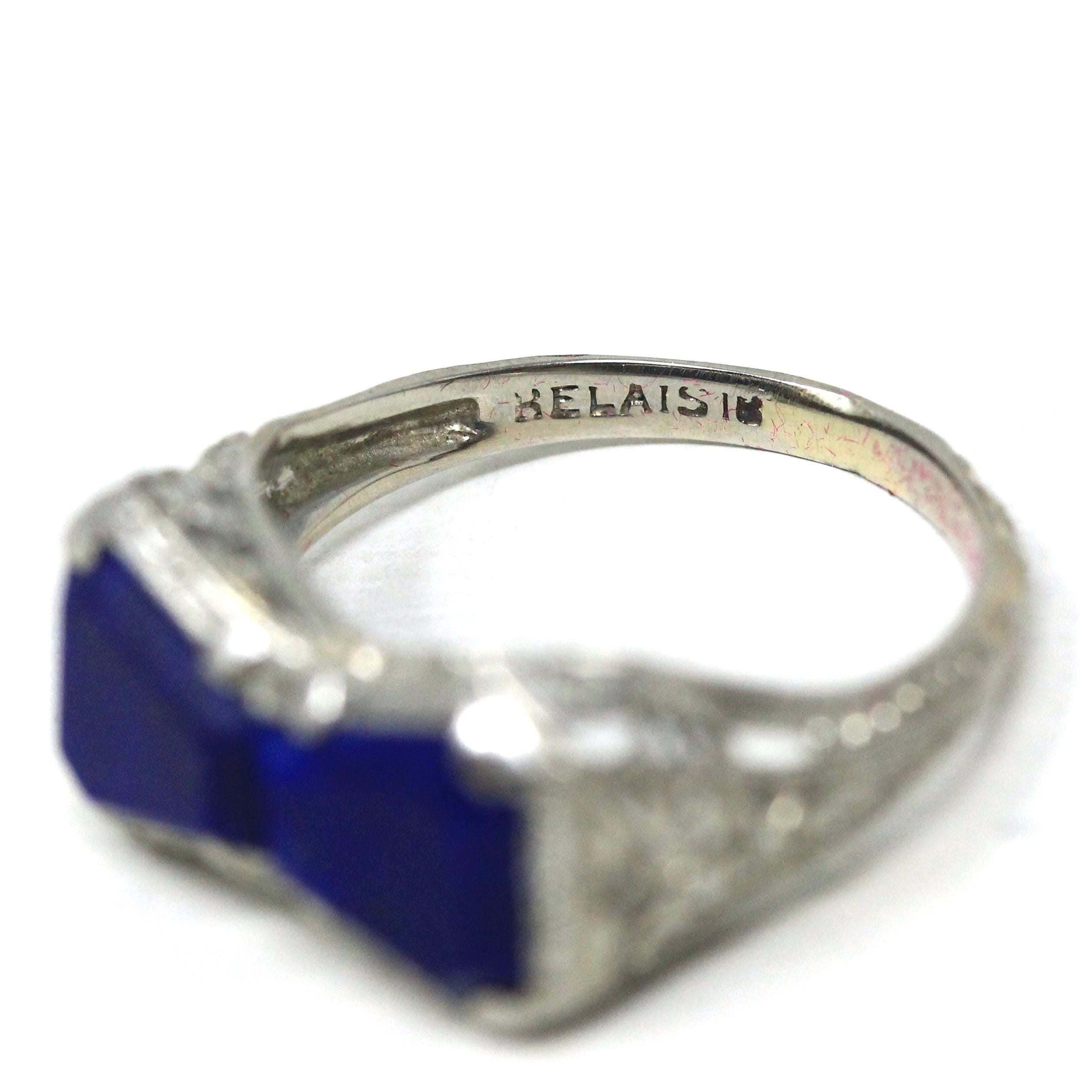 Lapis Lazuli Bowtie Ring - Art Deco 18k White Gold Filigree Dark Blue Gemstones - Vintage Circa 1930s Era Size 4 Hourglass Fine 30s Jewelry