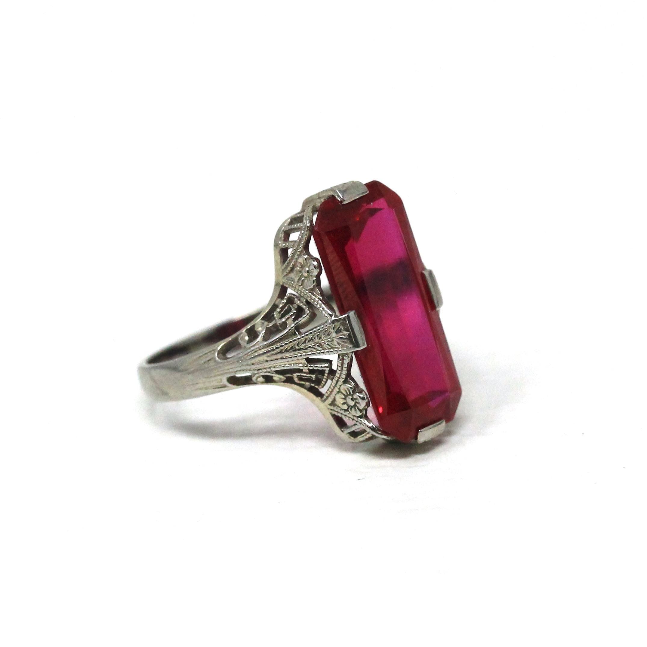 Created Ruby Ring - Art Deco 18k White Gold Rectangular Red Gemstone - Vintage Circa 1930s Size 3 3/4 July Birthstone Filigree Fine Jewelry