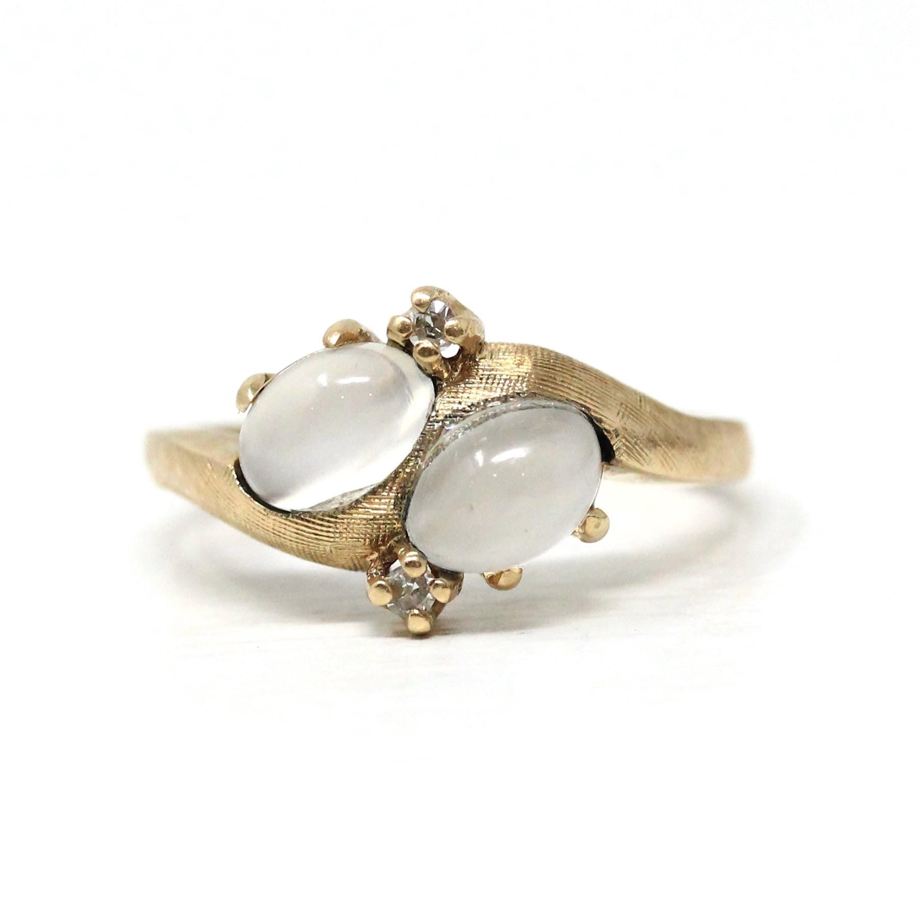 Retro Toi Et Moi Ring - Vintage 14k Yellow Gold Moonstone & Diamond Gemstones Bypass Style - Circa 1960s Era Size 7 Fine Statement Jewelry