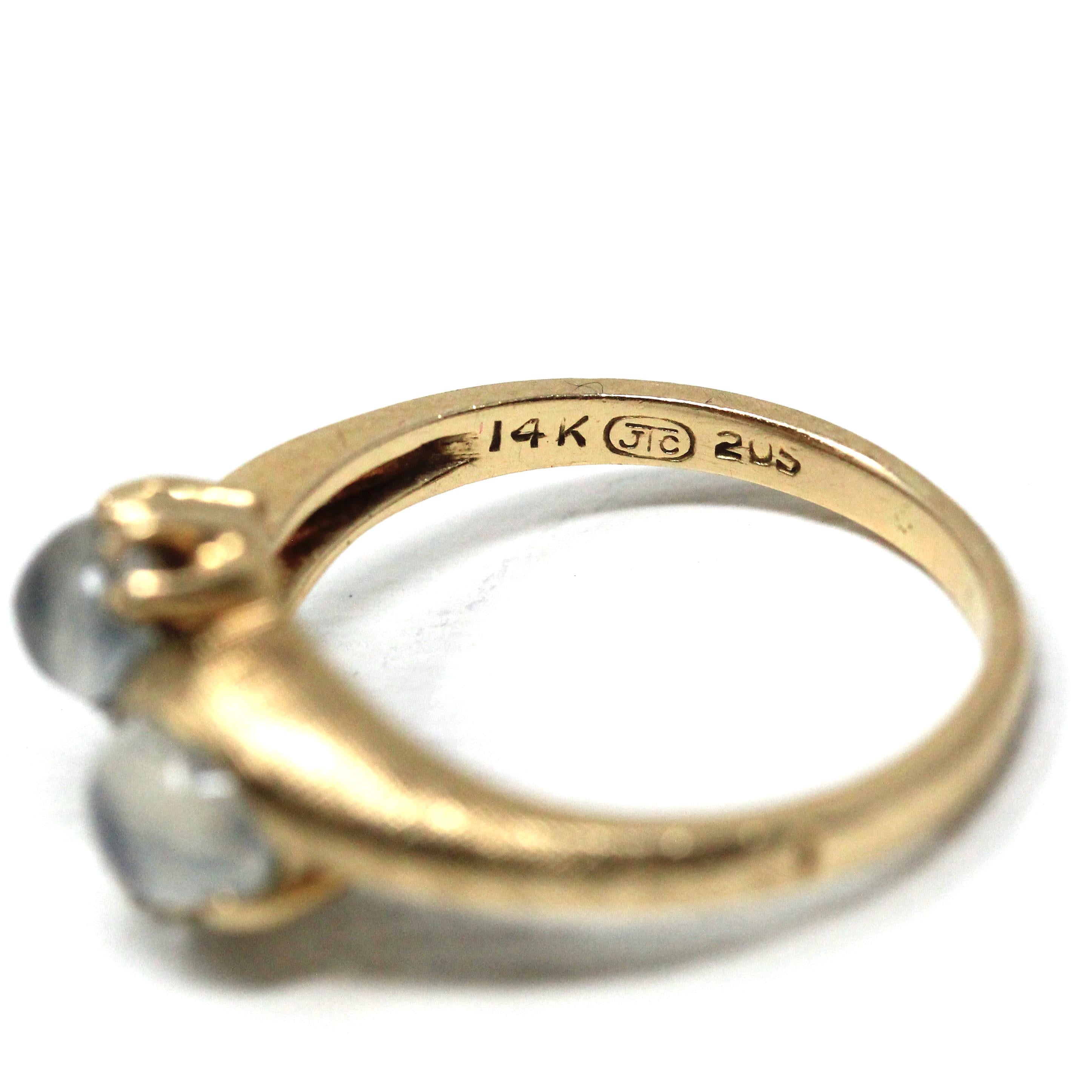 Retro Toi Et Moi Ring - Vintage 14k Yellow Gold Moonstone & Diamond Gemstones Bypass Style - Circa 1960s Era Size 7 Fine Statement Jewelry