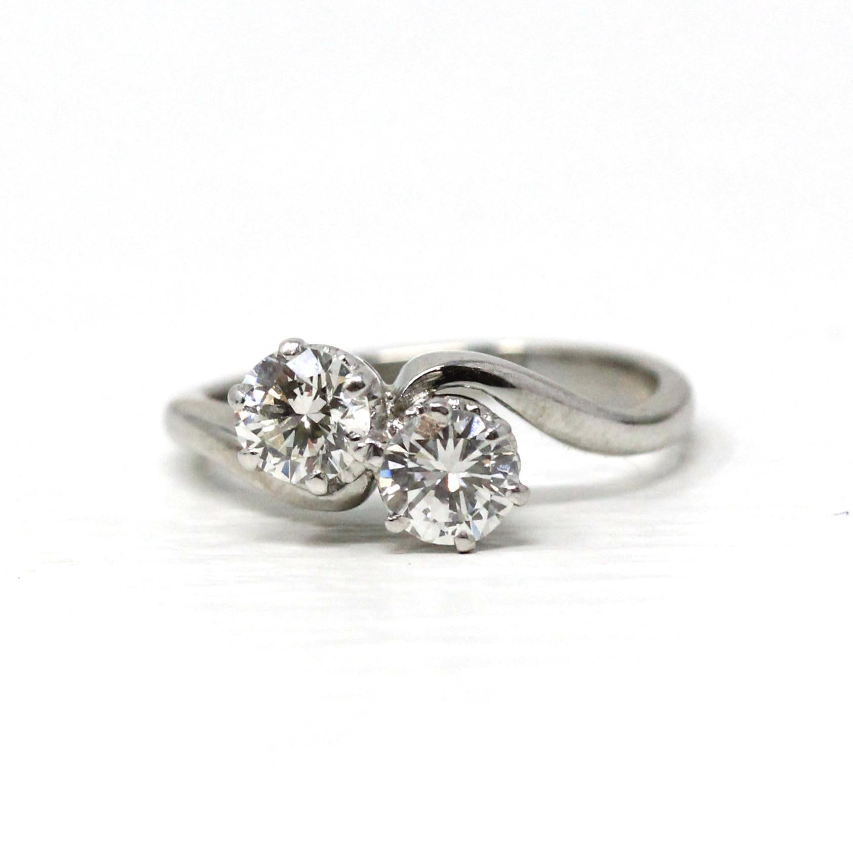 Mid Century Toi Et Moi Ring - Vintage 18k White Gold & Platinum Bypass Diamond Gemstones - Circa 1950s Era Size 5 1/2 Fine Statement Jewelry