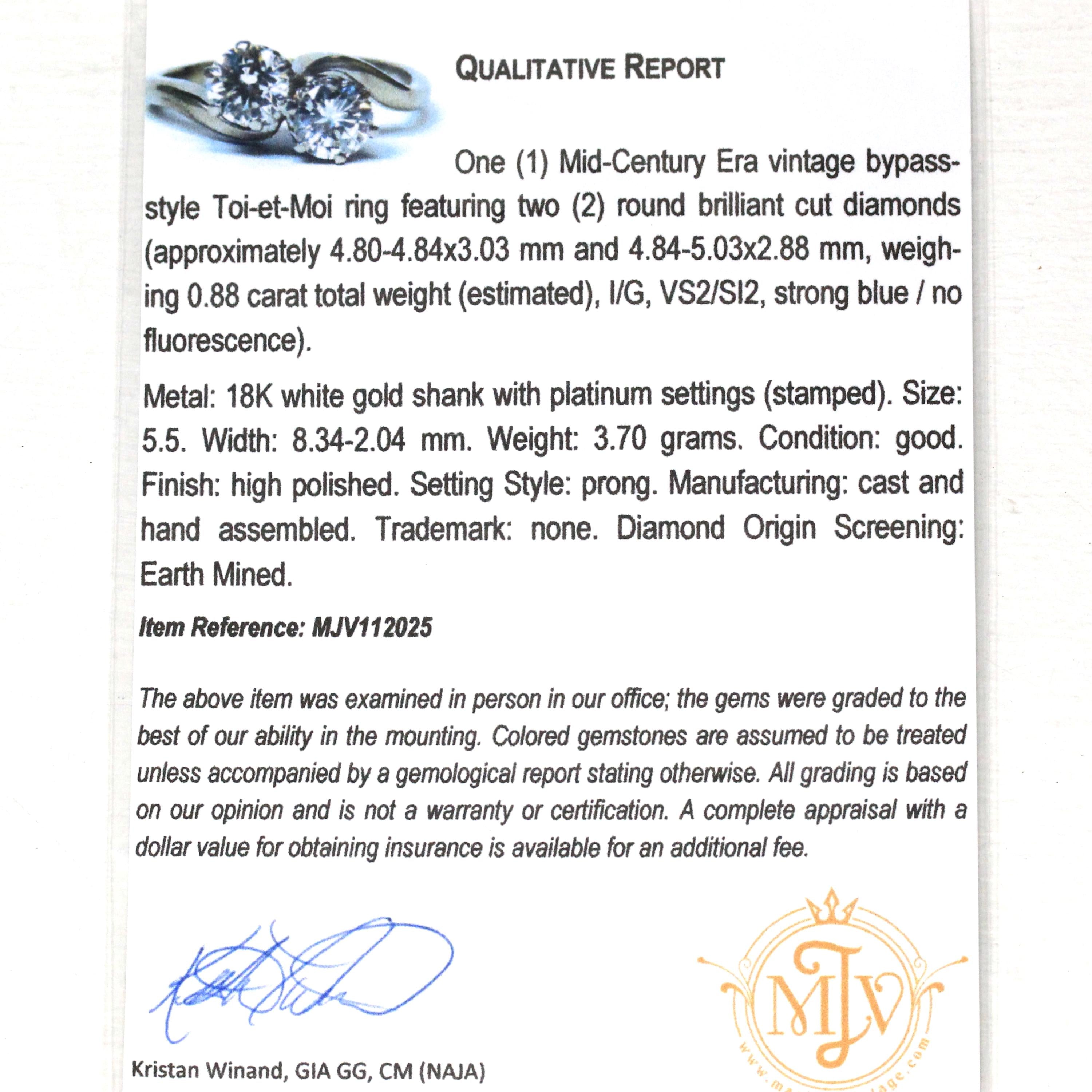 Mid Century Toi Et Moi Ring - Vintage 18k White Gold & Platinum Bypass Diamond Gemstones - Circa 1950s Era Size 5 1/2 Fine Statement Jewelry