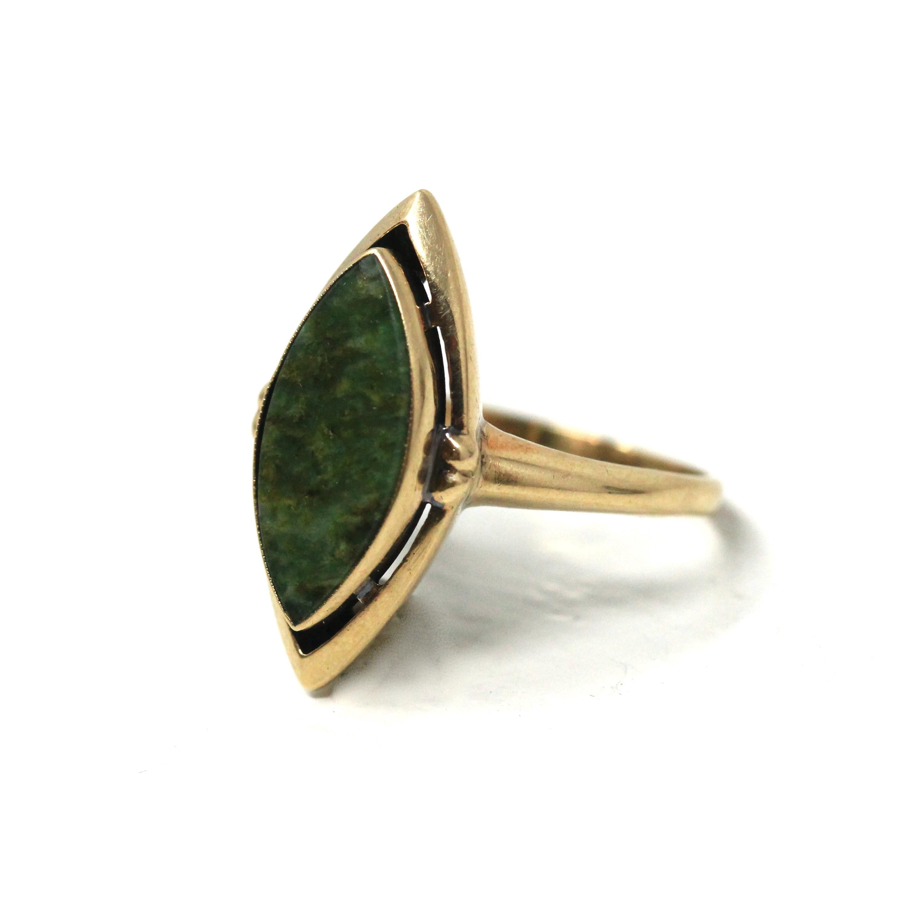 Nephrite Jade Ring - Retro 10k Yellow Gold Marquise Cut Natural Green Gemstone - Vintage 1960s Era Size 5 Navette Statement Fine 60s Jewelry