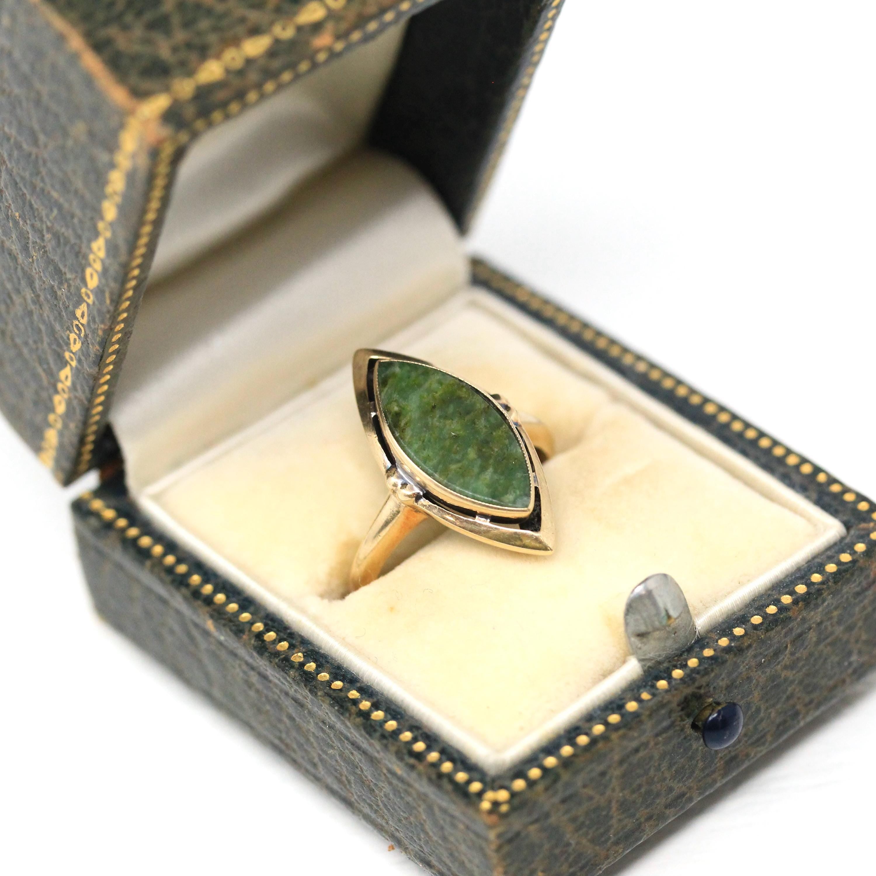Nephrite Jade Ring - Retro 10k Yellow Gold Marquise Cut Natural Green Gemstone - Vintage 1960s Era Size 5 Navette Statement Fine 60s Jewelry