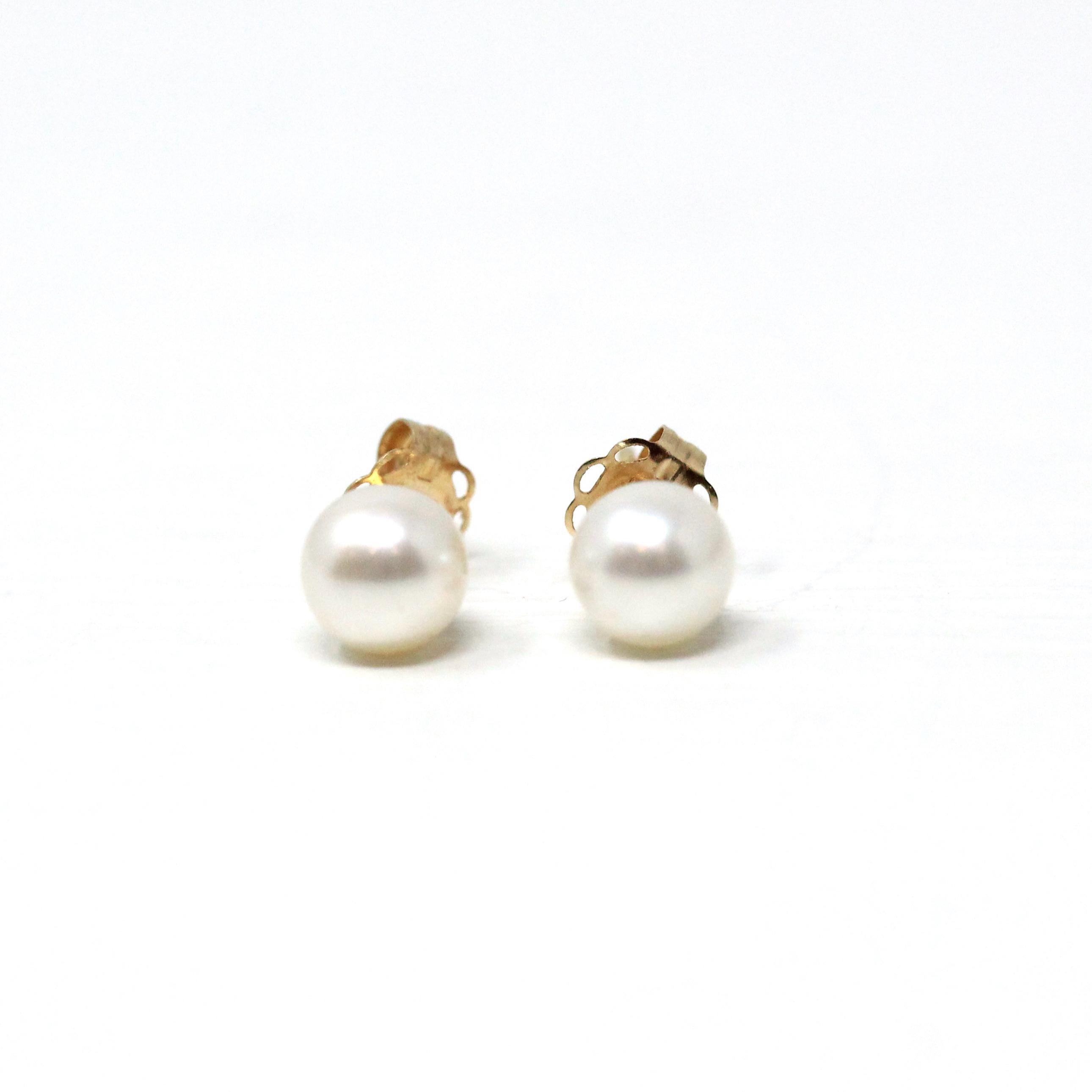 Cultured Pearl Earrings - Modern 14k Yellow Gold Organic Gems Pierced Push Backs Studs - Estate Circa 2000's June Birthstone Fine Jewelry