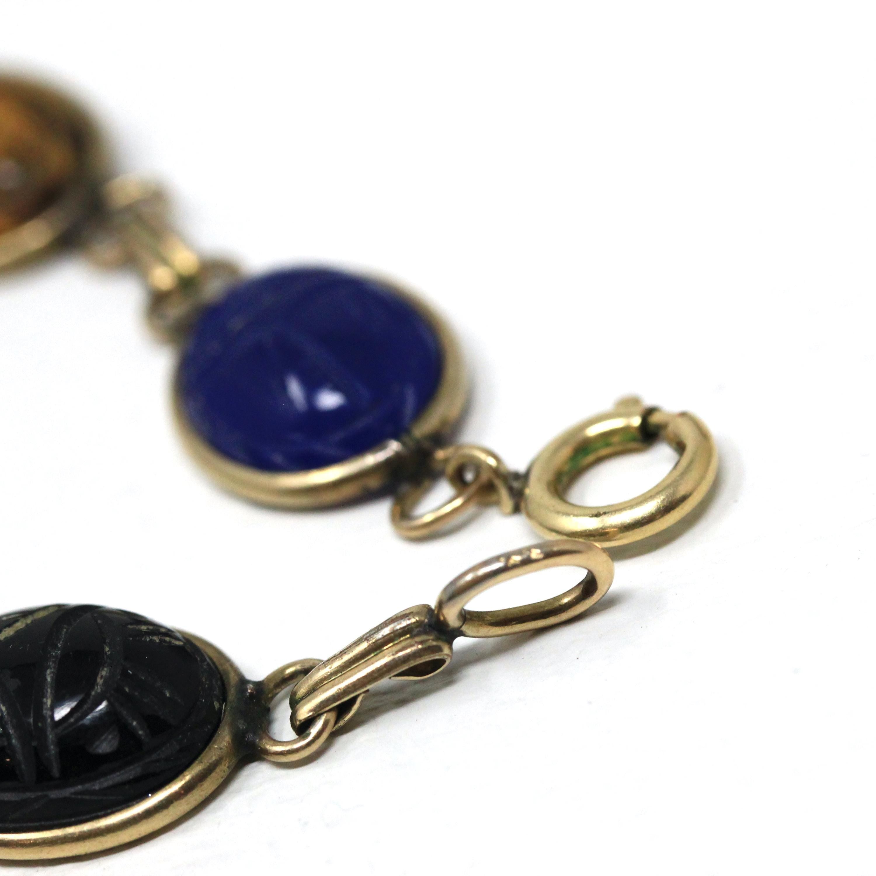 Vintage Scarab Bracelet - Retro Gold Filled Carved Natural Gemstones - Circa 1960s Era Egyptian Revival 7 3/4 Inches Panel Linked Jewelry