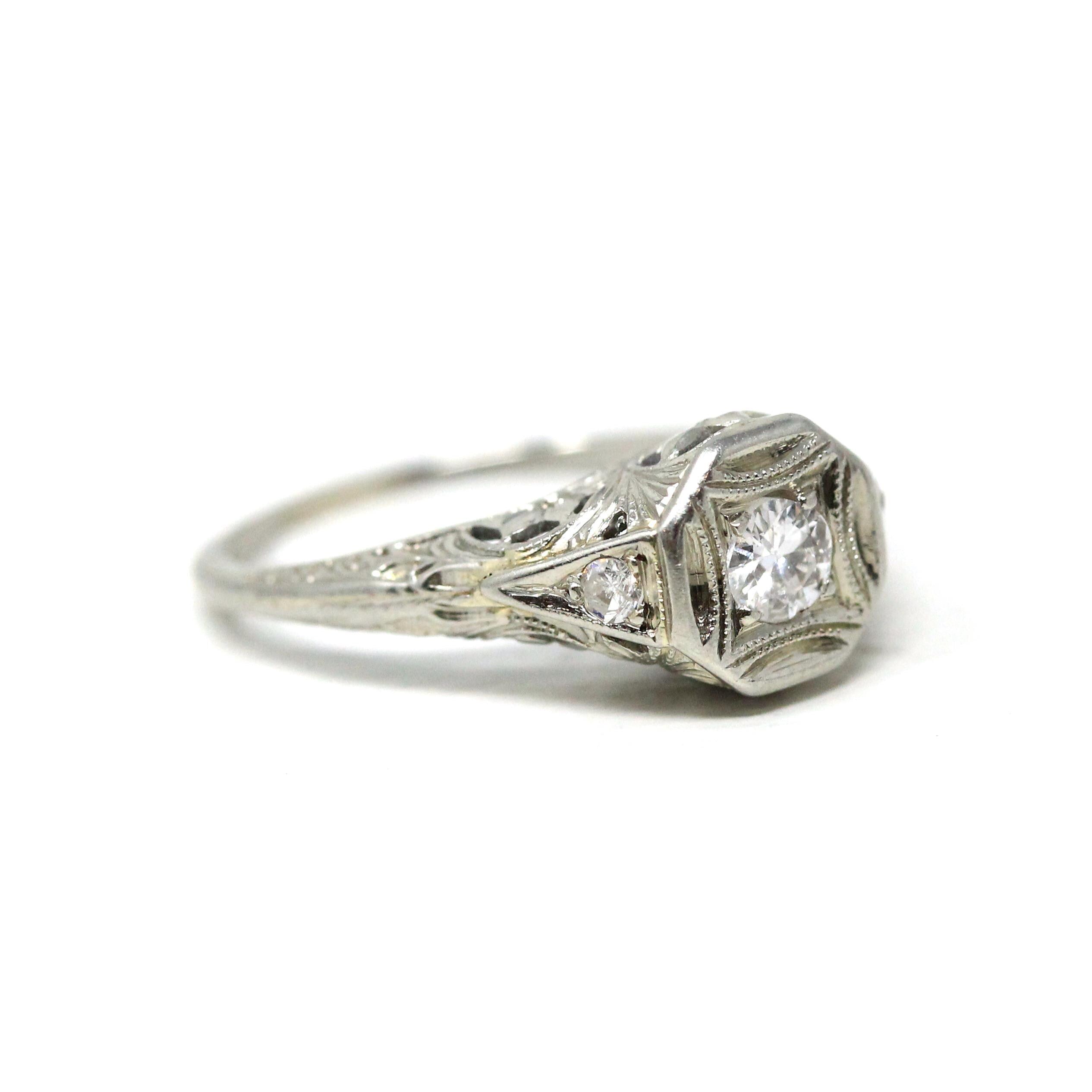 Art Deco Diamond Ring - Vintage 14k White Gold .35 CTW Natural Gemstones - Circa 1930s Era Size 6 Engagement Floral Filigree Fine Jewelry