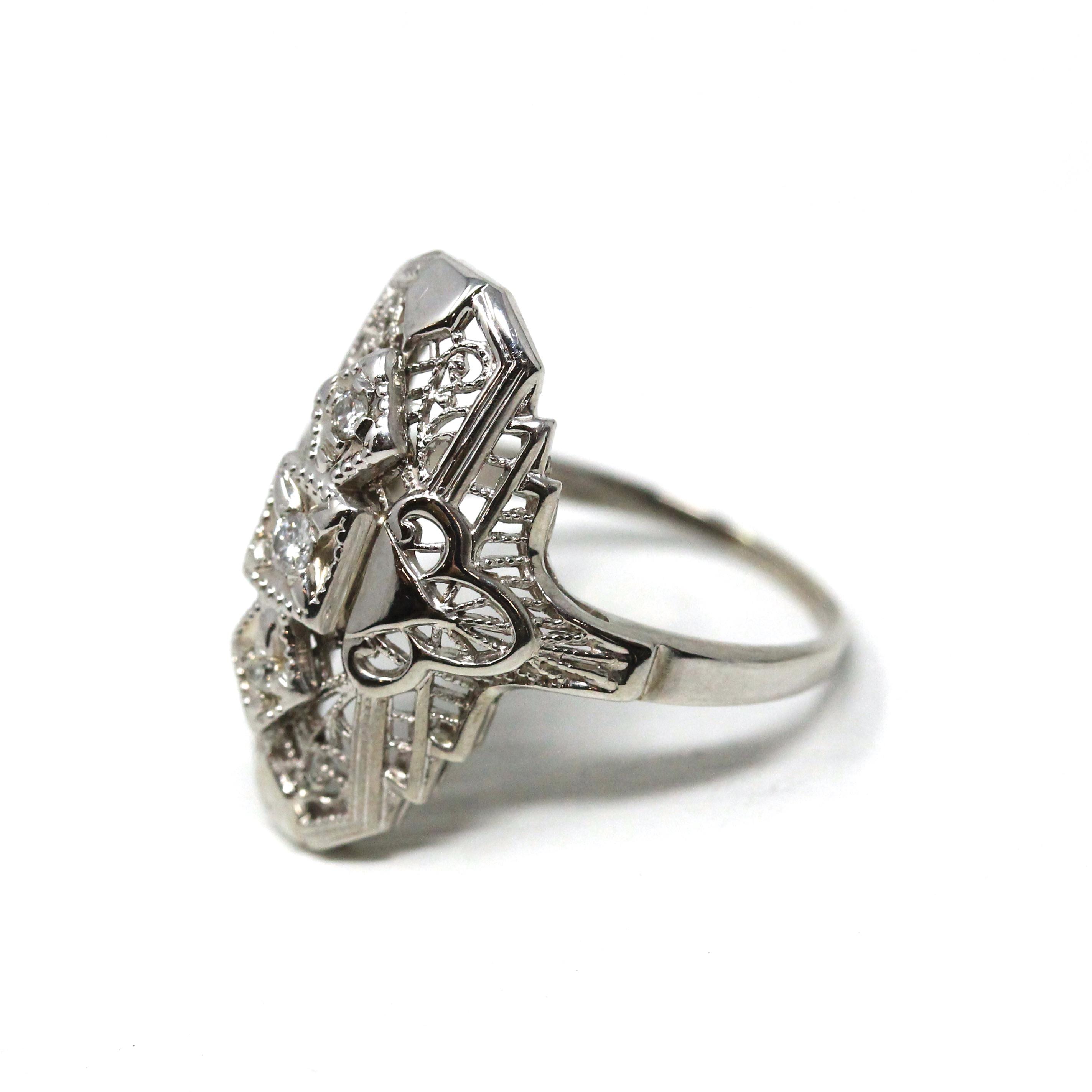 Vintage Shield Ring - Modern Estate 10k White Gold Natural .10 CTW Diamonds - Circa 1950s Era Mid Century Size 6 1/2 Fine Filigree Jewelry