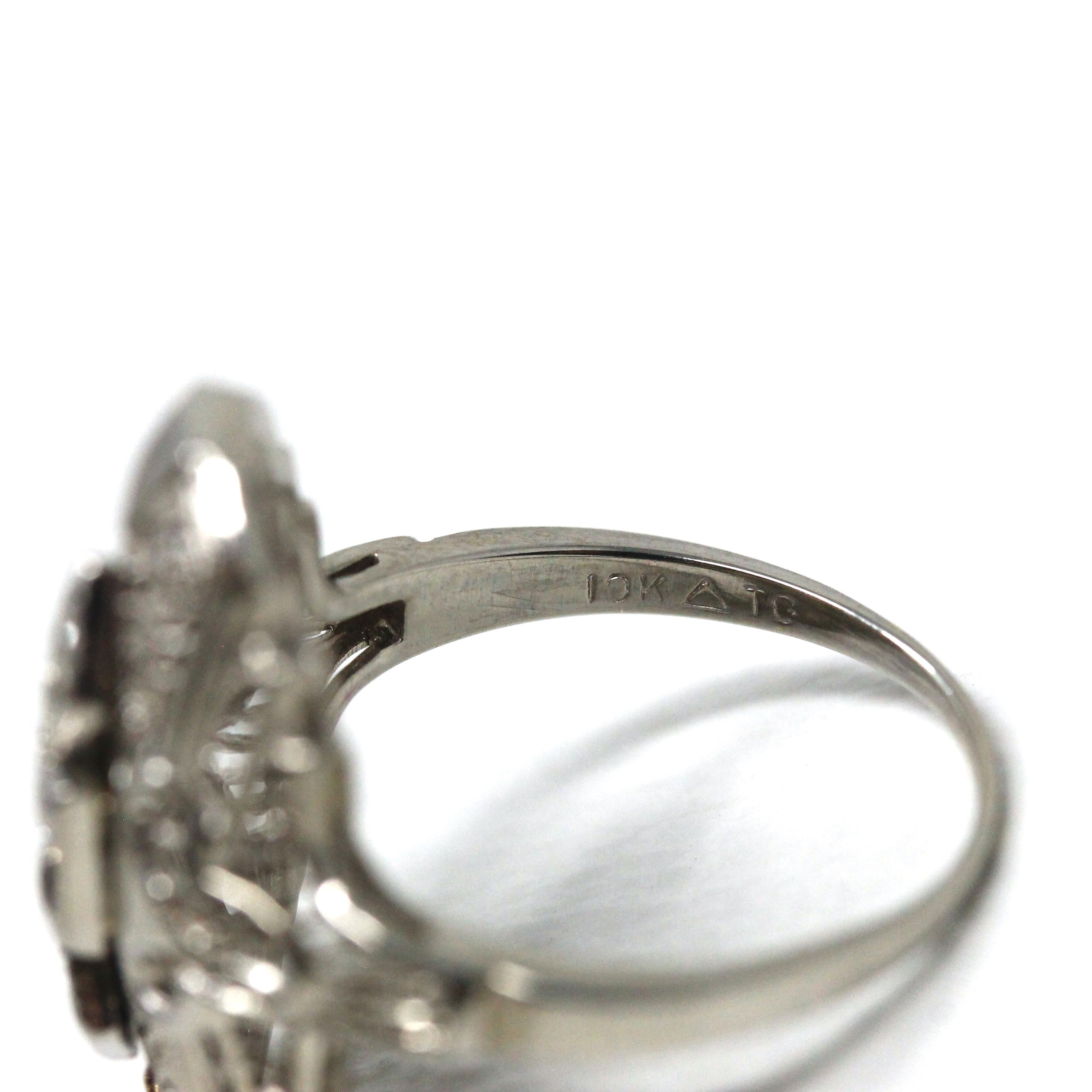 Vintage Shield Ring - Modern Estate 10k White Gold Natural .10 CTW Diamonds - Circa 1950s Era Mid Century Size 6 1/2 Fine Filigree Jewelry