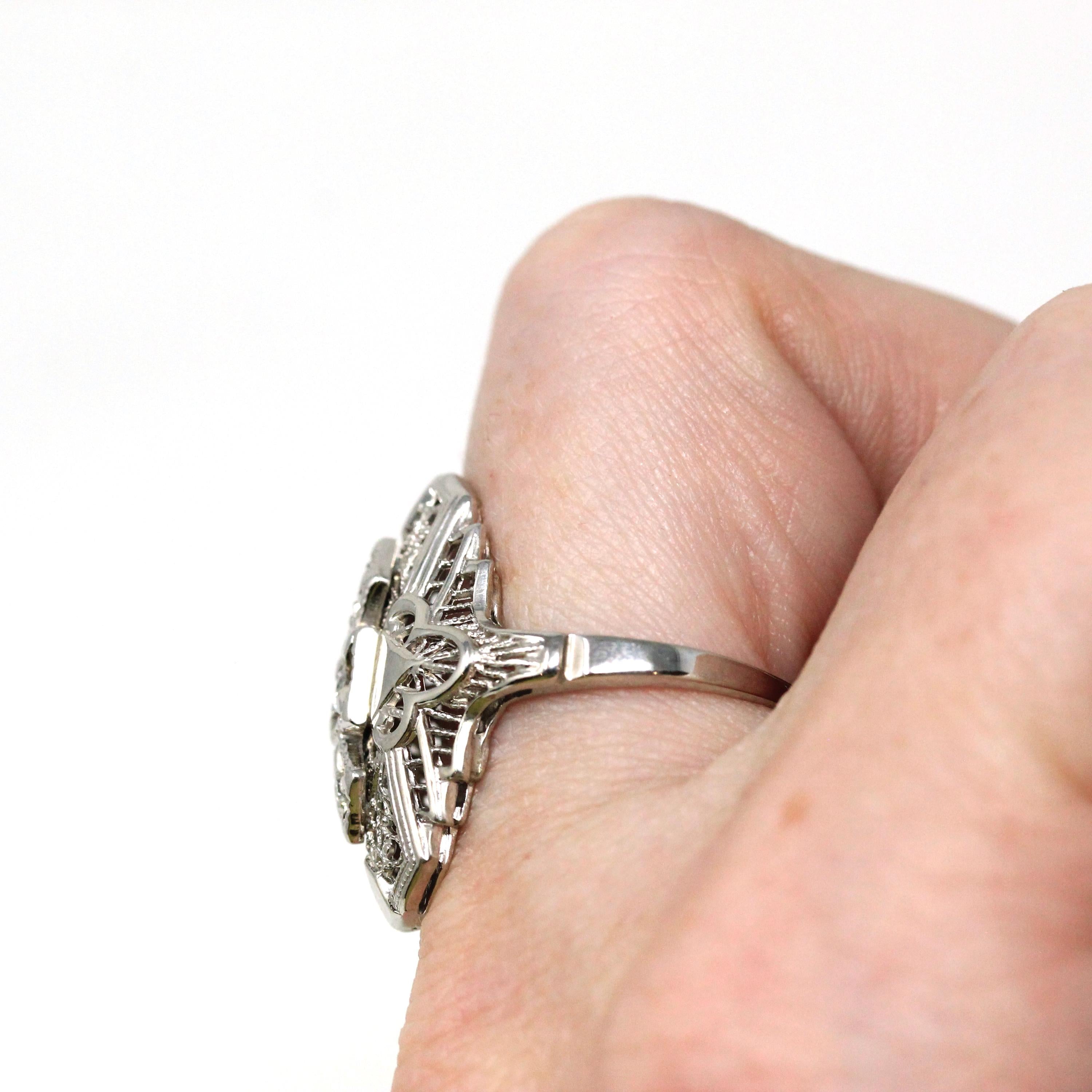 Vintage Shield Ring - Modern Estate 10k White Gold Natural .10 CTW Diamonds - Circa 1950s Era Mid Century Size 6 1/2 Fine Filigree Jewelry