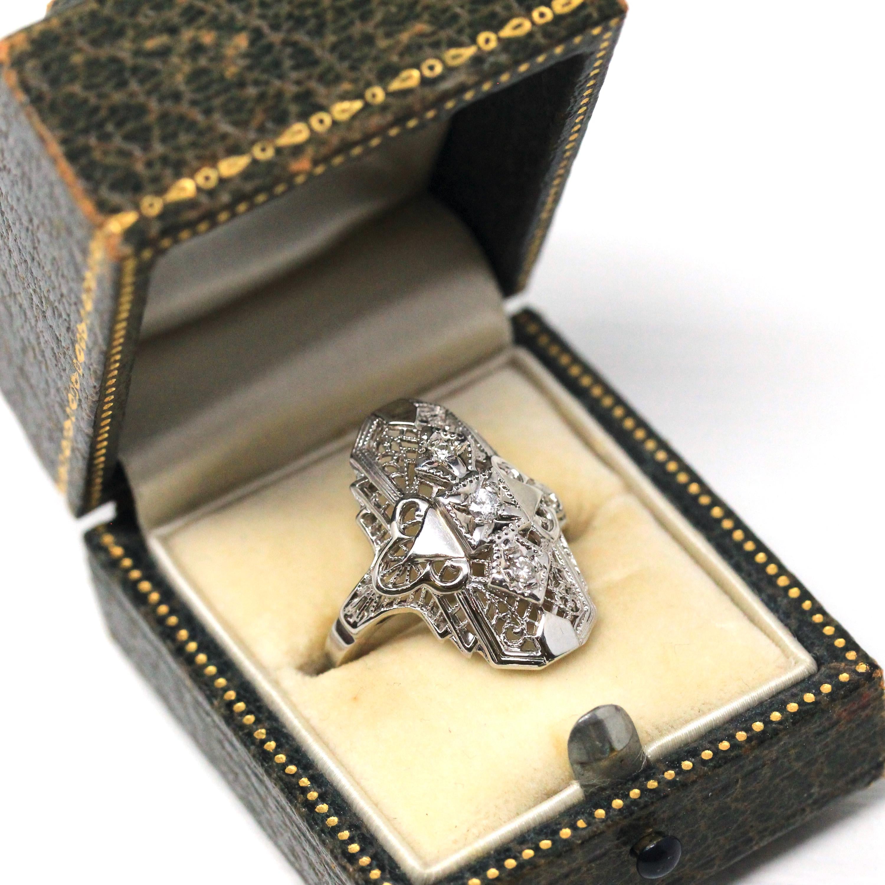 Vintage Shield Ring - Modern Estate 10k White Gold Natural .10 CTW Diamonds - Circa 1950s Era Mid Century Size 6 1/2 Fine Filigree Jewelry