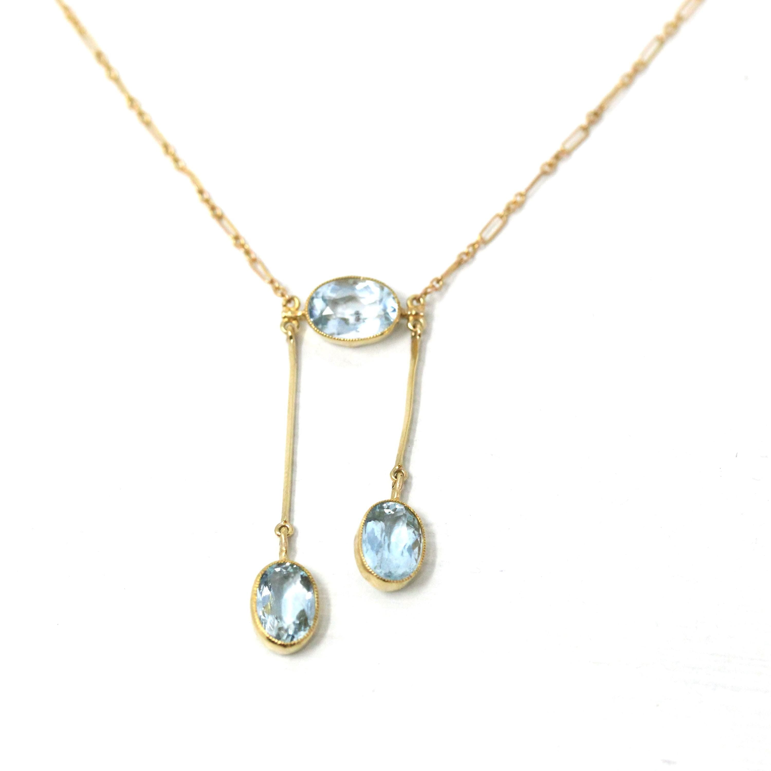 Aquamarine Lavalier Necklace - Edwardian 15k 10k Yellow Gold Oval Natural Blue Gemstones Pendant - Antique Circa 1910s Fine March Jewelry