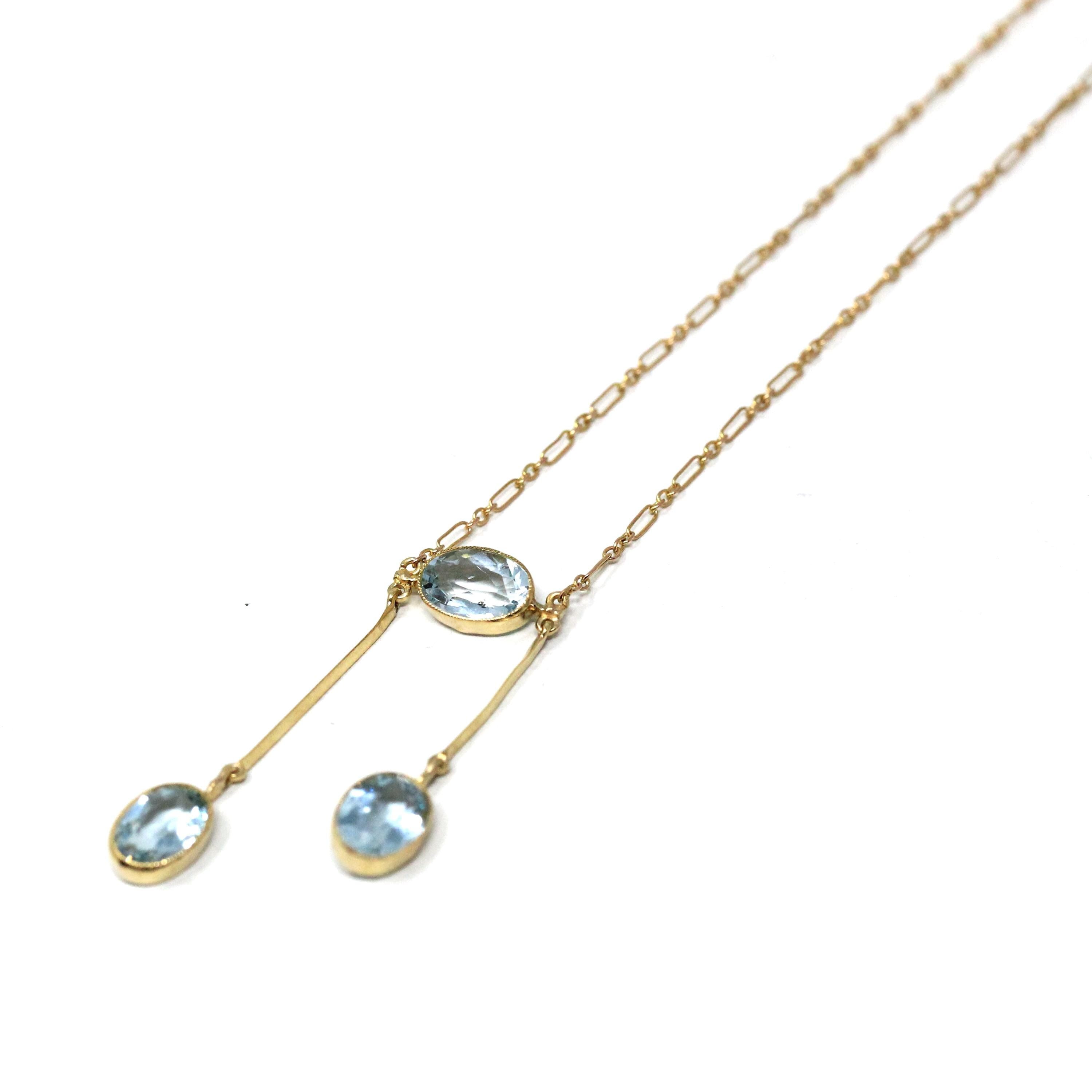 Aquamarine Lavalier Necklace - Edwardian 15k 10k Yellow Gold Oval Natural Blue Gemstones Pendant - Antique Circa 1910s Fine March Jewelry