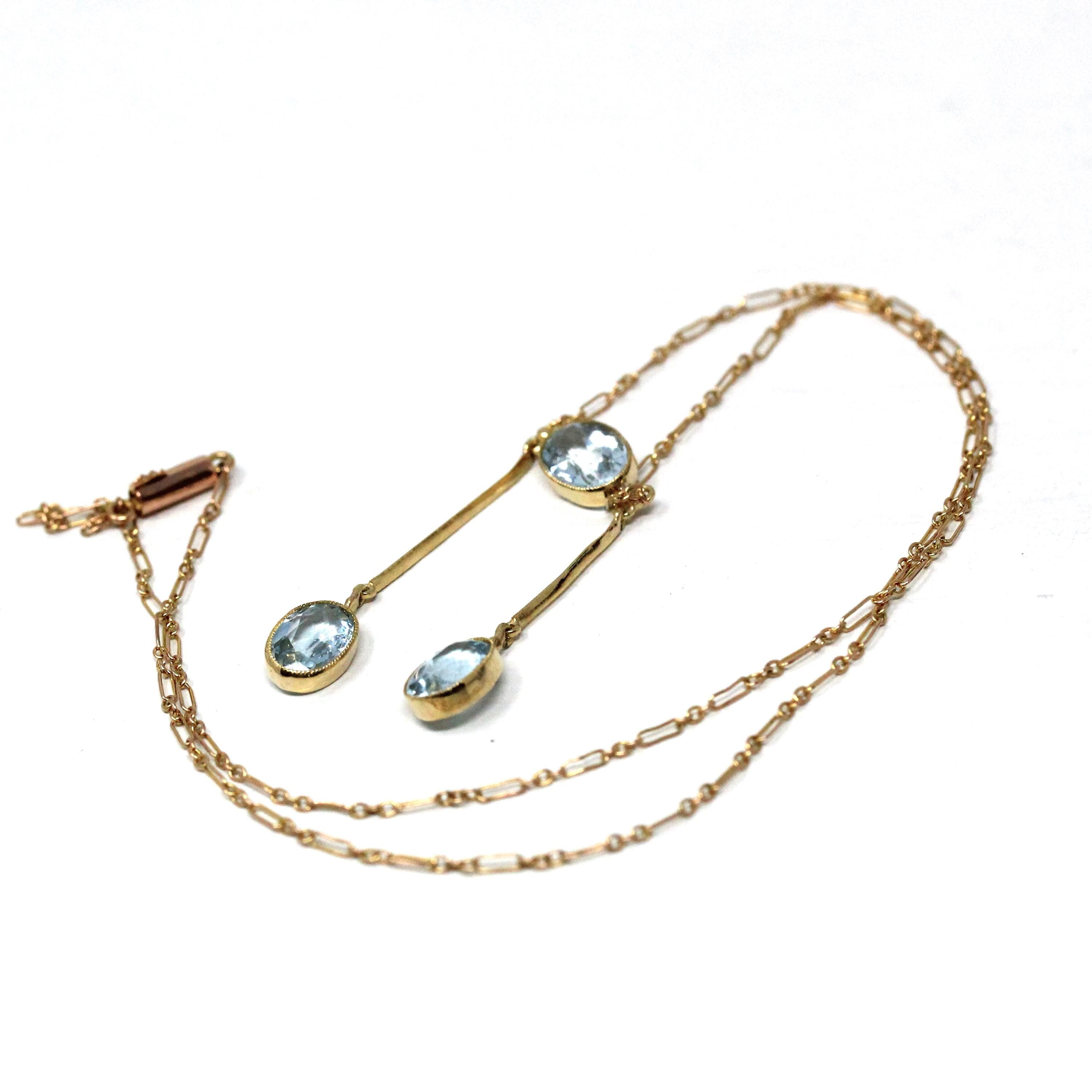 Aquamarine Lavalier Necklace - Edwardian 15k 10k Yellow Gold Oval Natural Blue Gemstones Pendant - Antique Circa 1910s Fine March Jewelry