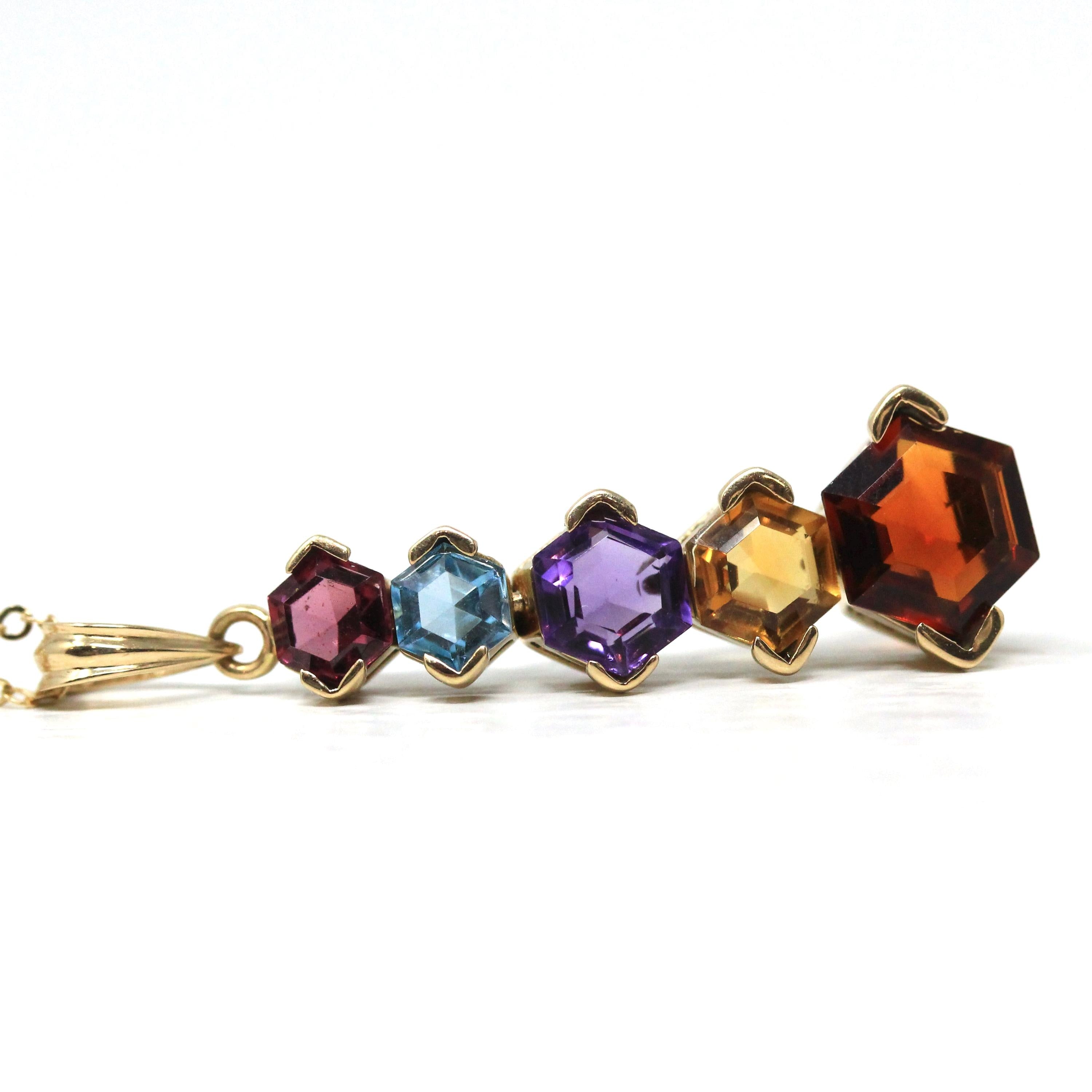 Modern Gemstone Necklace - Estate 14k Yellow Gold Natural Garnet Blue Topaz Amethyst Citrine Gems - Estate Circa 2000's Era Fine Y2K Jewelry