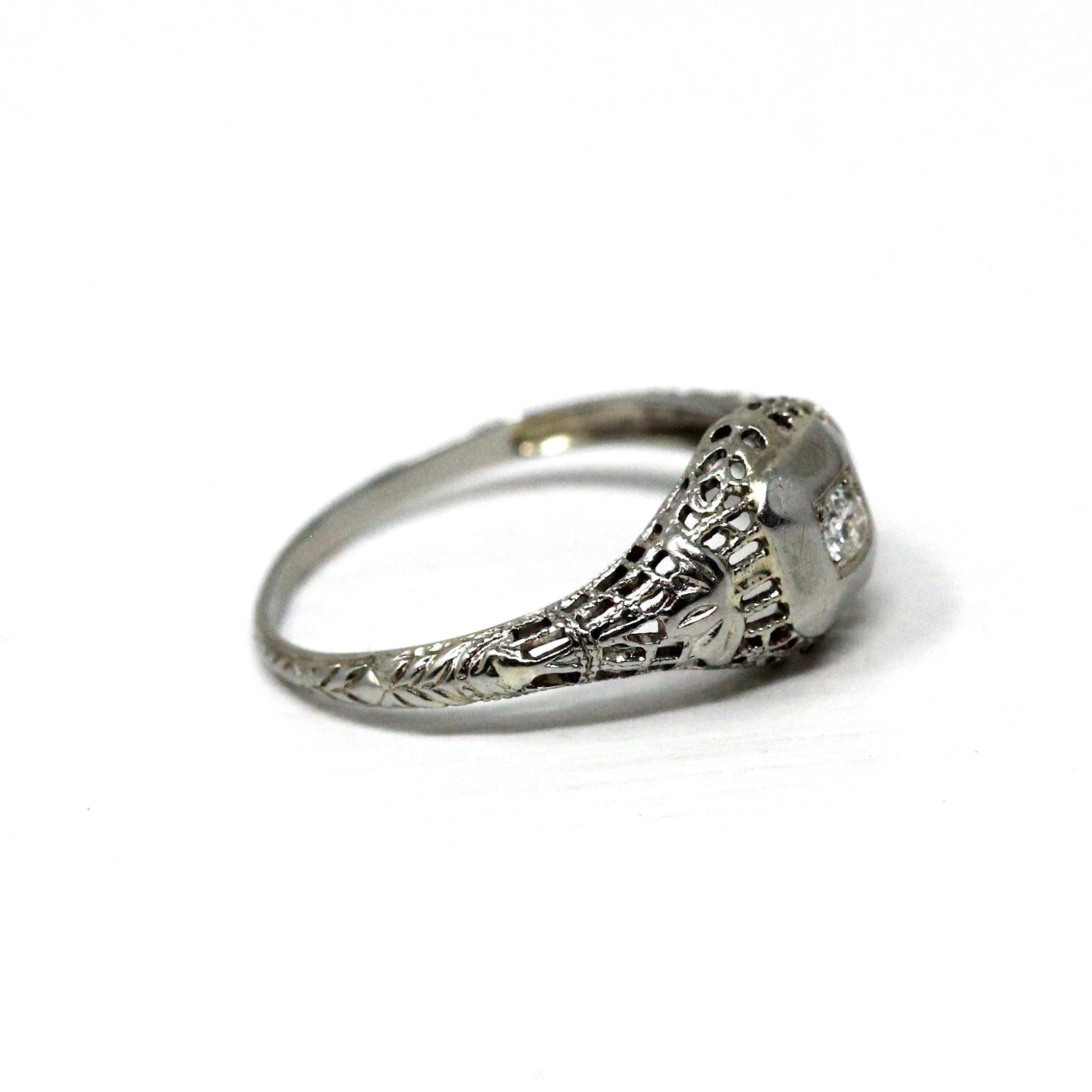 Vintage Diamond Ring - Art Deco 18k White Gold Natural Gemstone Solitaire - Circa 1930s Era Size 6 1/4 Filigree Leaf Motif Fine 30s Jewelry