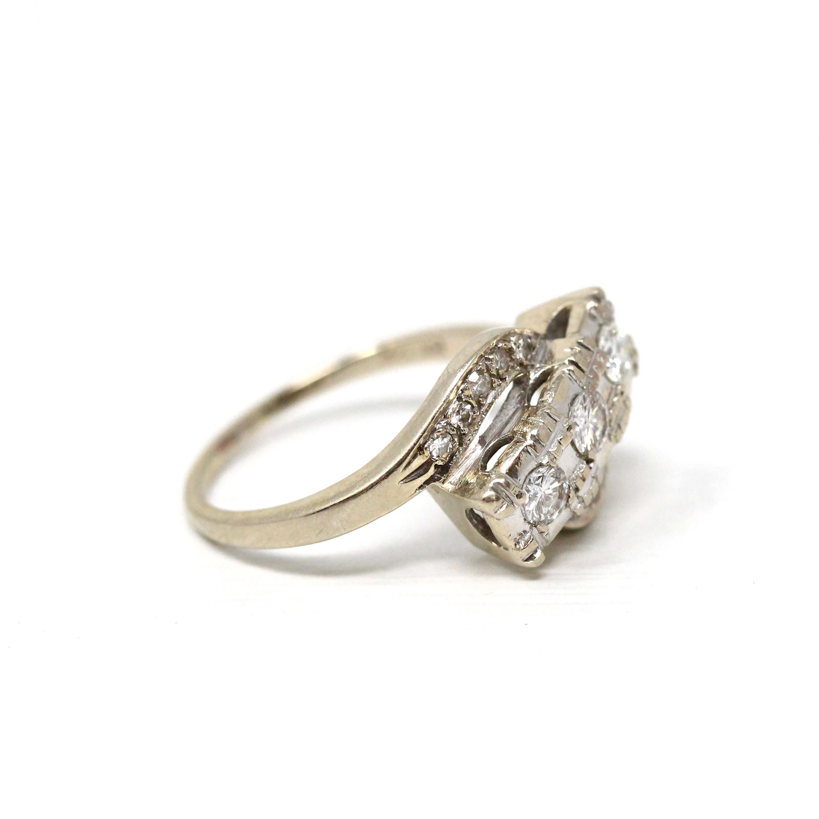 Diamond Bypass Ring - Mid Century 14k White Gold Natural Gemstones Cocktail Statement - Vintage 1950s Size 7 1/4 Three Stone Fine Jewelry