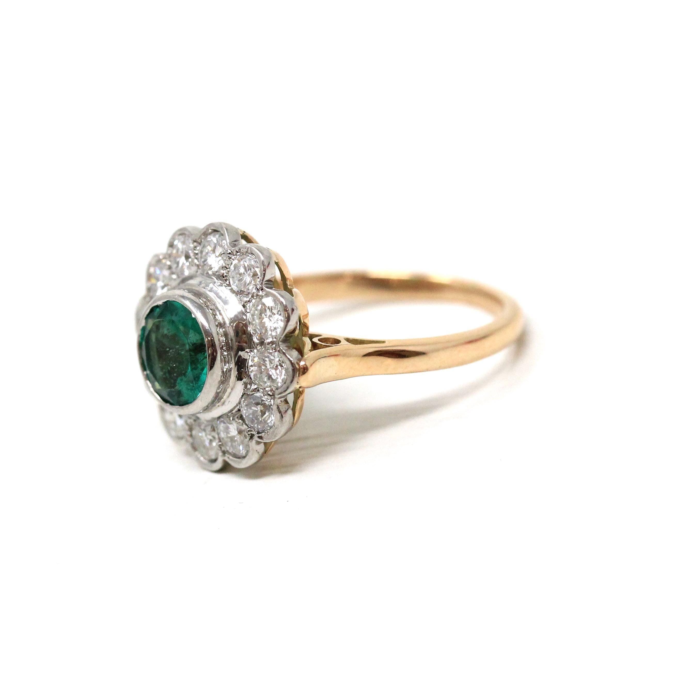 Emerald & Diamond Halo Ring - Modern 14k Yellow Gold Platinum Natural Green White Gemstones Engagement - Estate Size 5 Fine Cluster Jewelry