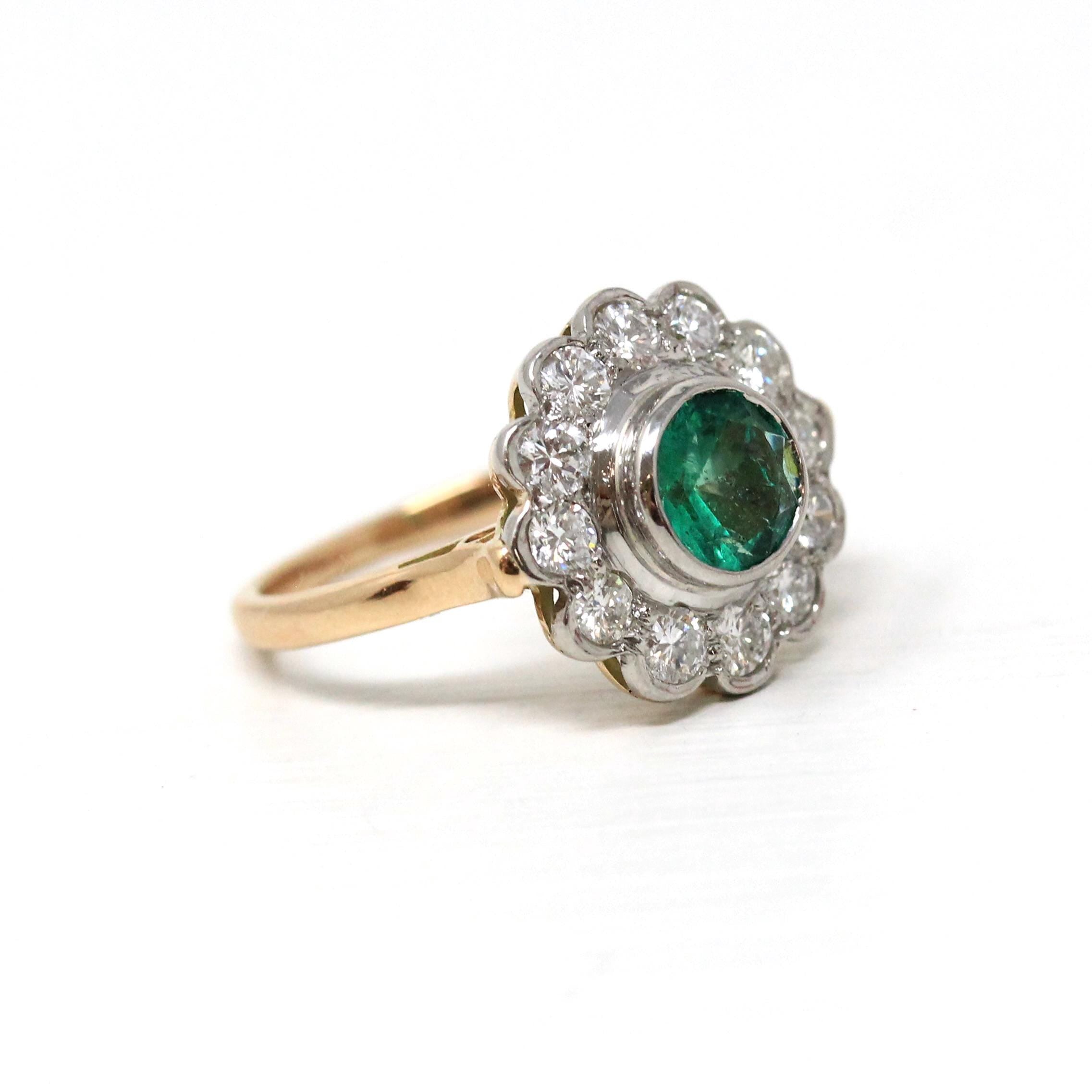 Emerald & Diamond Halo Ring - Modern 14k Yellow Gold Platinum Natural Green White Gemstones Engagement - Estate Size 5 Fine Cluster Jewelry