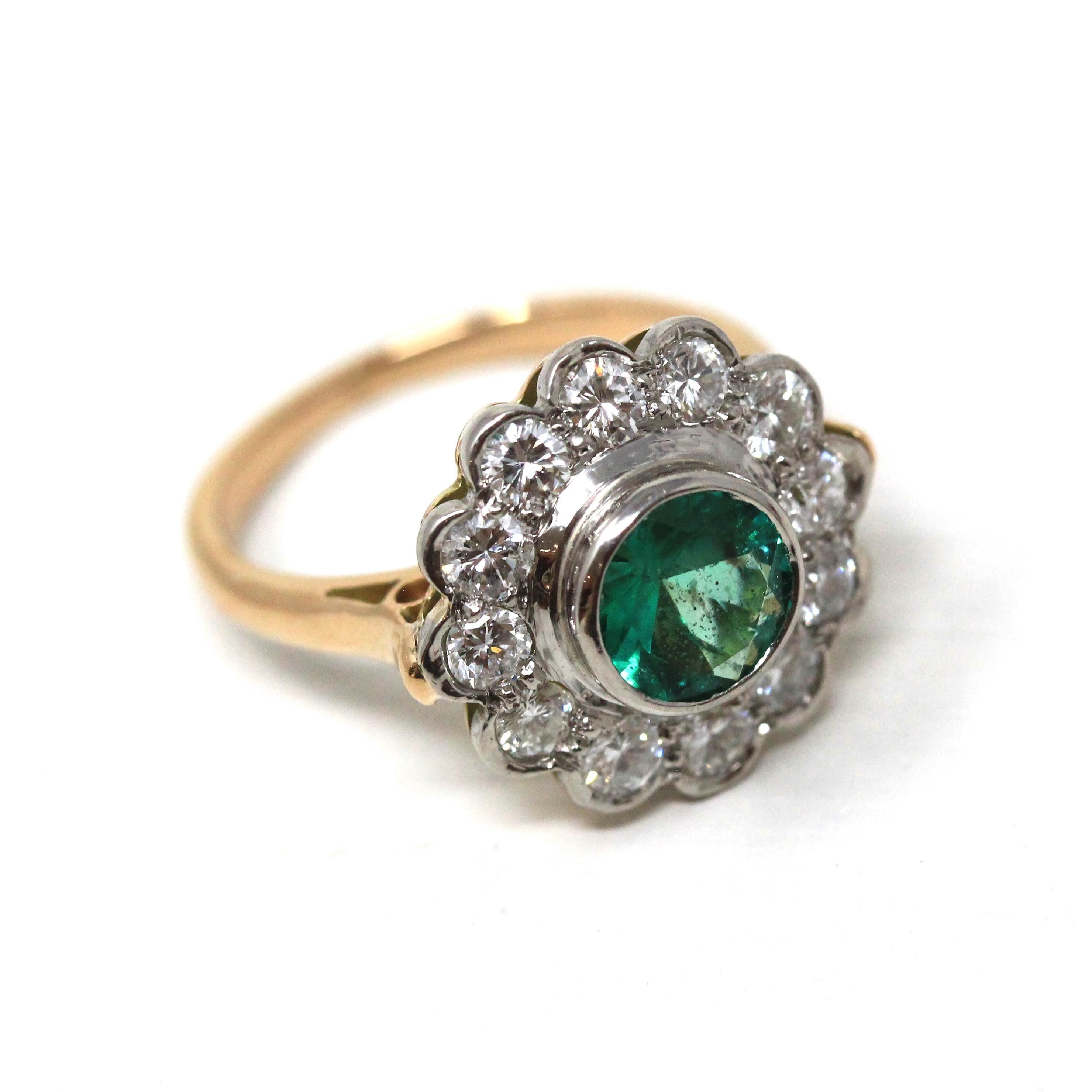 Emerald & Diamond Halo Ring - Modern 14k Yellow Gold Platinum Natural Green White Gemstones Engagement - Estate Size 5 Fine Cluster Jewelry