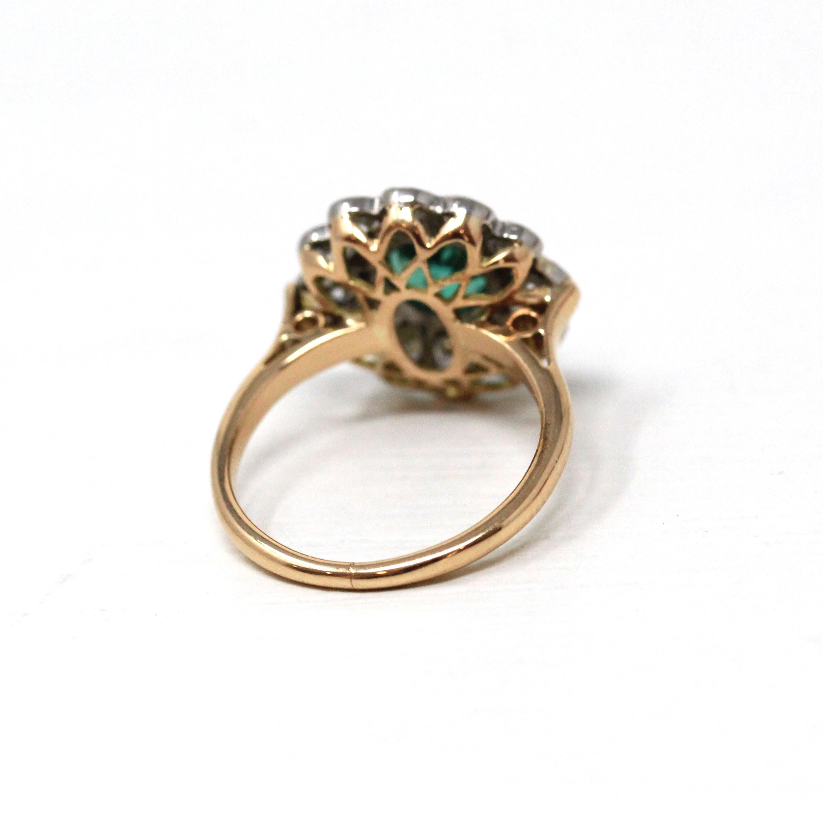 Emerald & Diamond Halo Ring - Modern 14k Yellow Gold Platinum Natural Green White Gemstones Engagement - Estate Size 5 Fine Cluster Jewelry